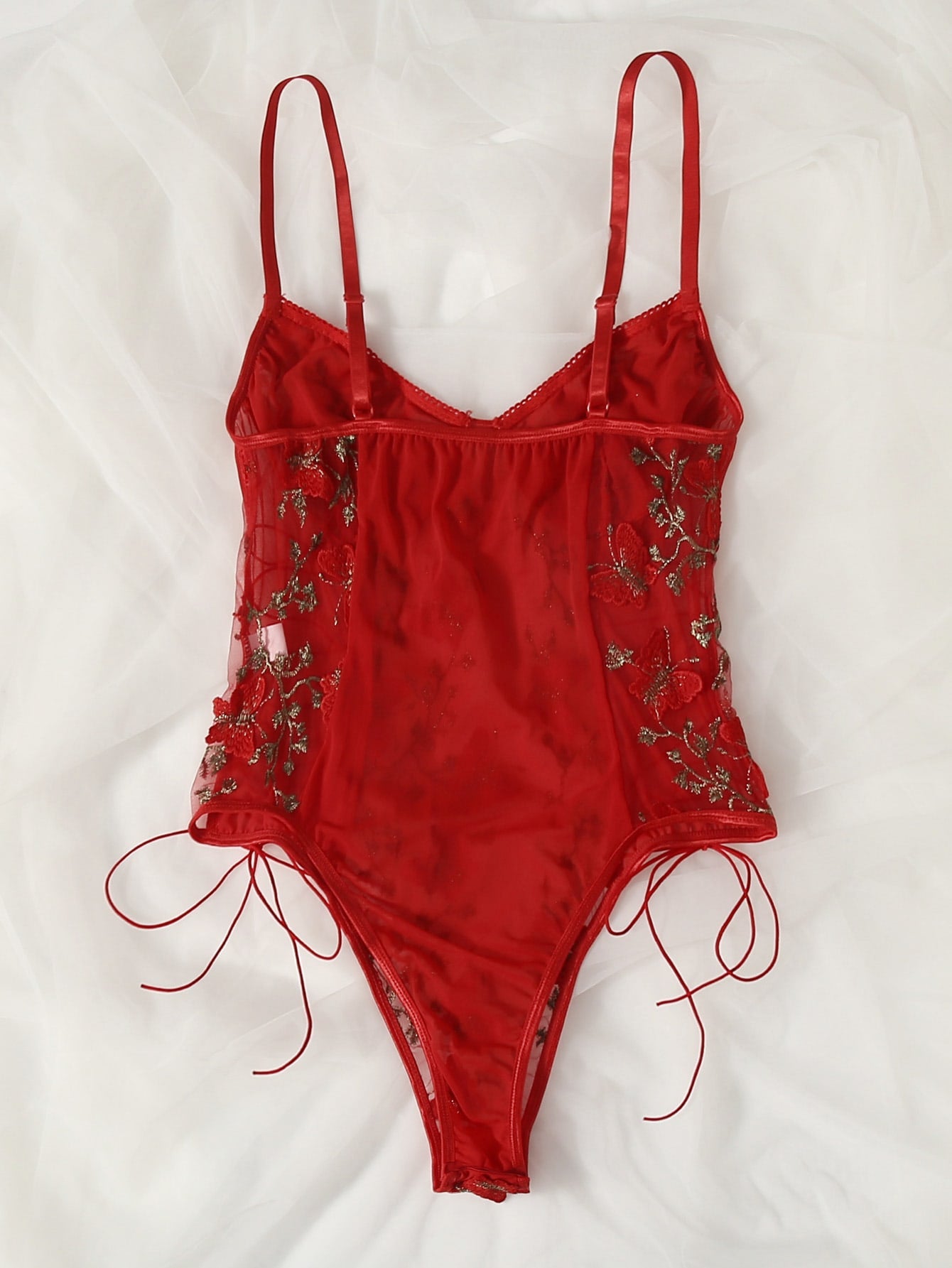 Embroidered Mesh Lace-up Teddy Bodysuit