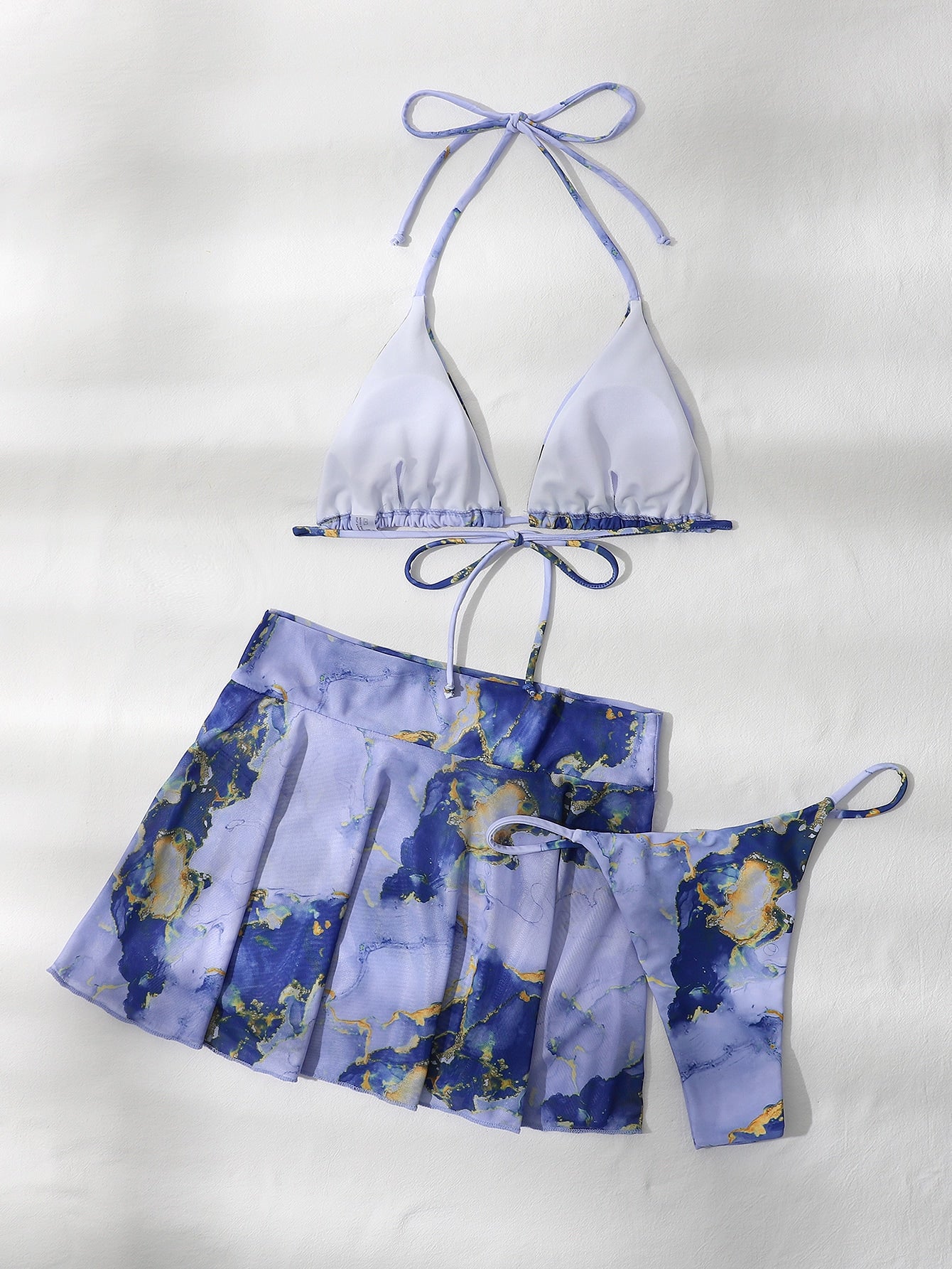 Swim Vcay Marble Print Bikini Set Halter Micro Triangle Bra Top & Thong & Cover Up Skirt 3 Piece Bathing Suit