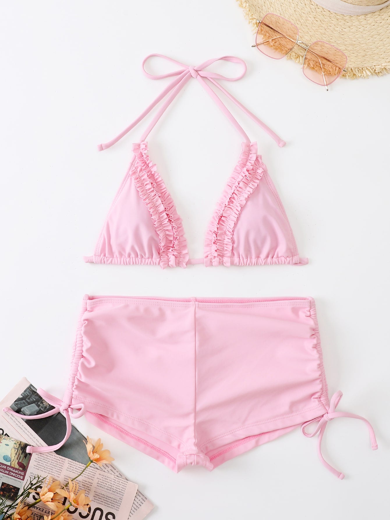 Swim Mod Frill Trim Drawstring Halter Micro Triangle Bikini Swimsuit