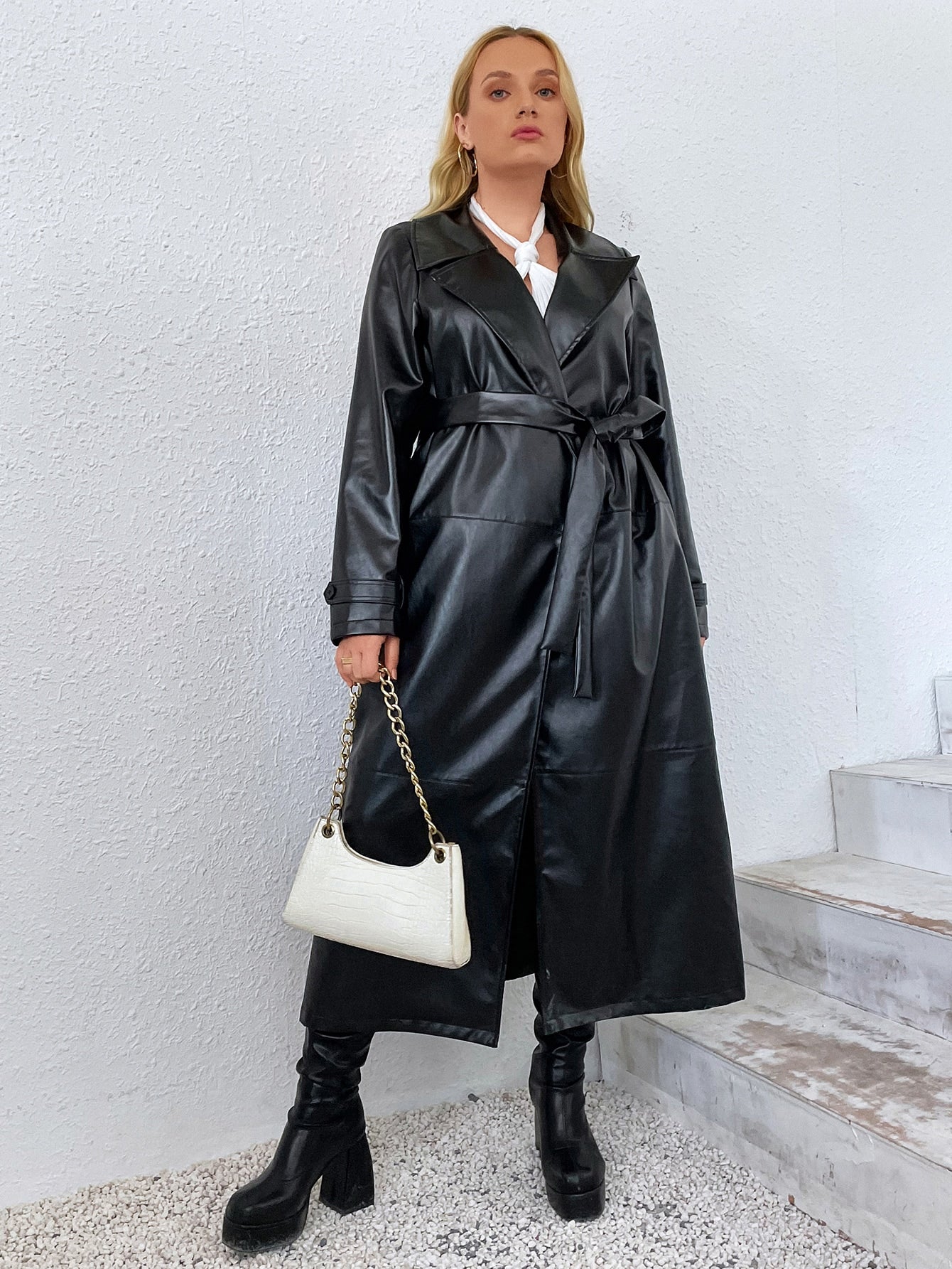 Privé Plus Lapel Collar Belted PU Leather Trench Coat