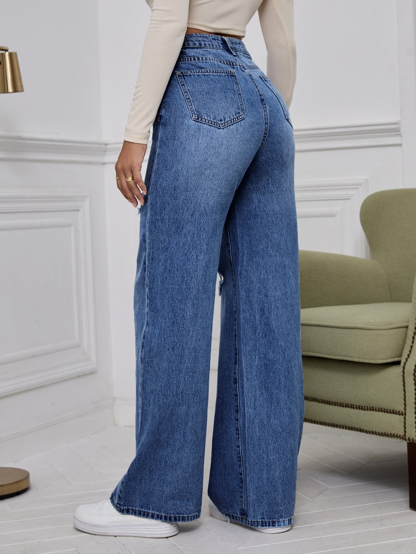 EZwear High Waist Ripped Wide Leg Jeans