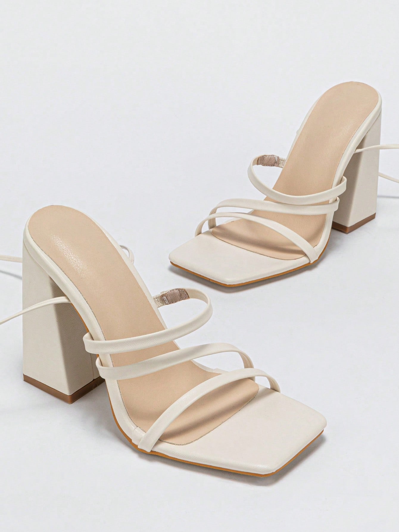 Fashion Beige Strappy Sandals For Women, Tie Leg Design Chunky Heeled Sandals