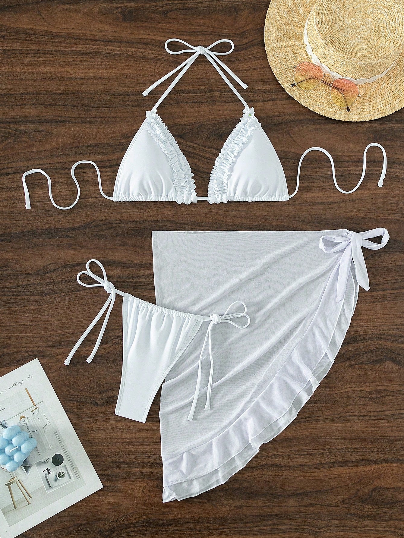 Swim SXY Frill Trim Halter Triangle Bikini Swimsuit With Beach Skirt