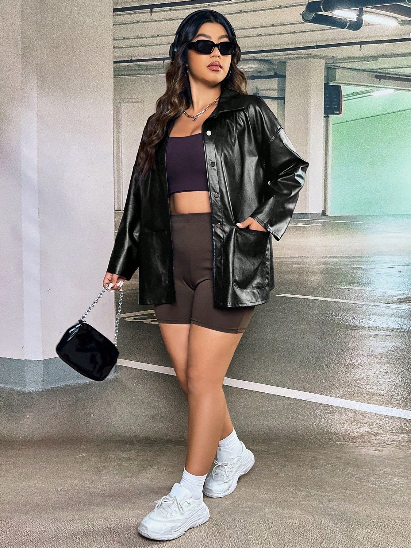 Coolane Plus Drop Shoulder PU Leather Coat Without Cami Top