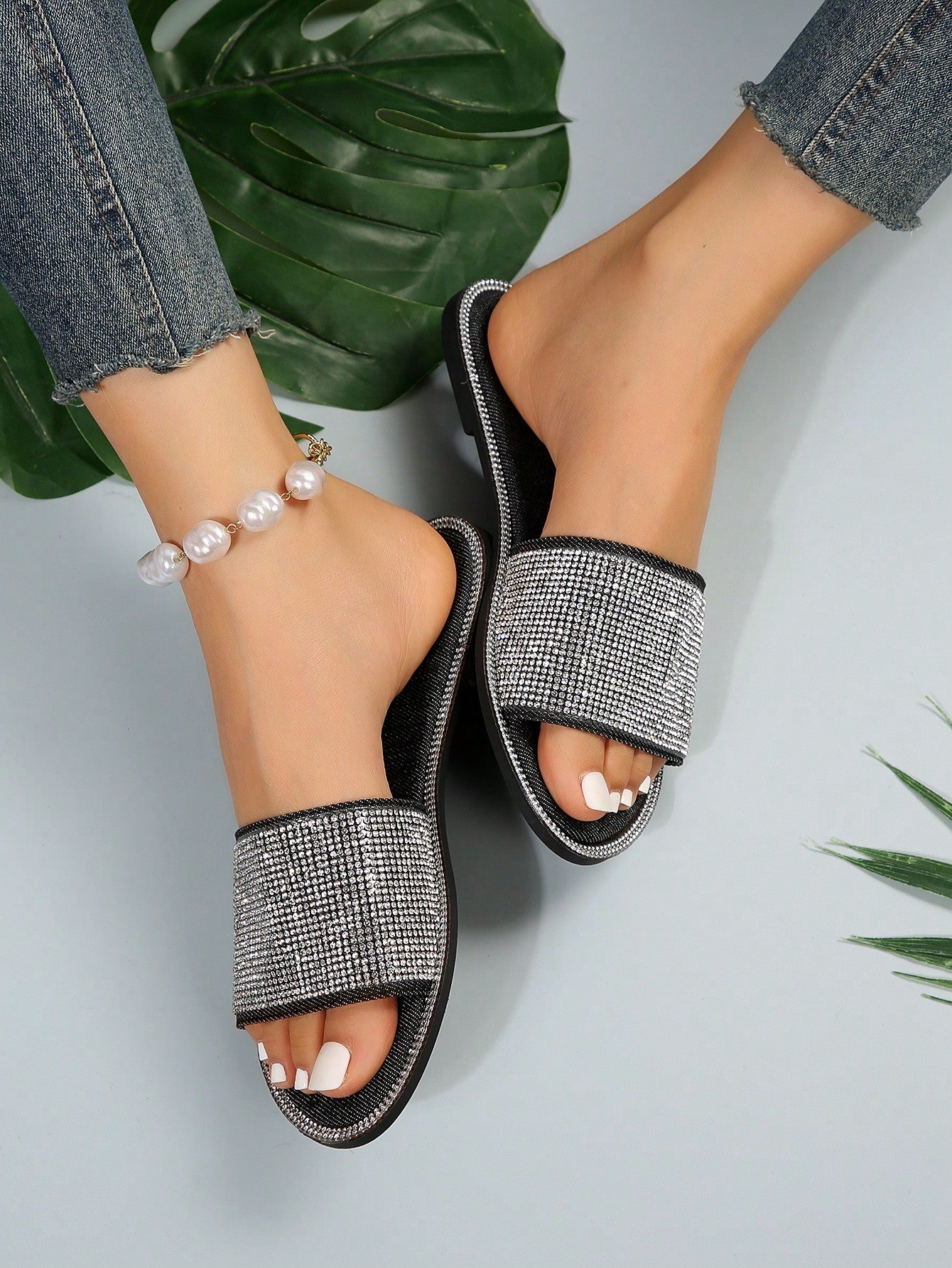 Women Black Allover Rhinestone Slide Sandals