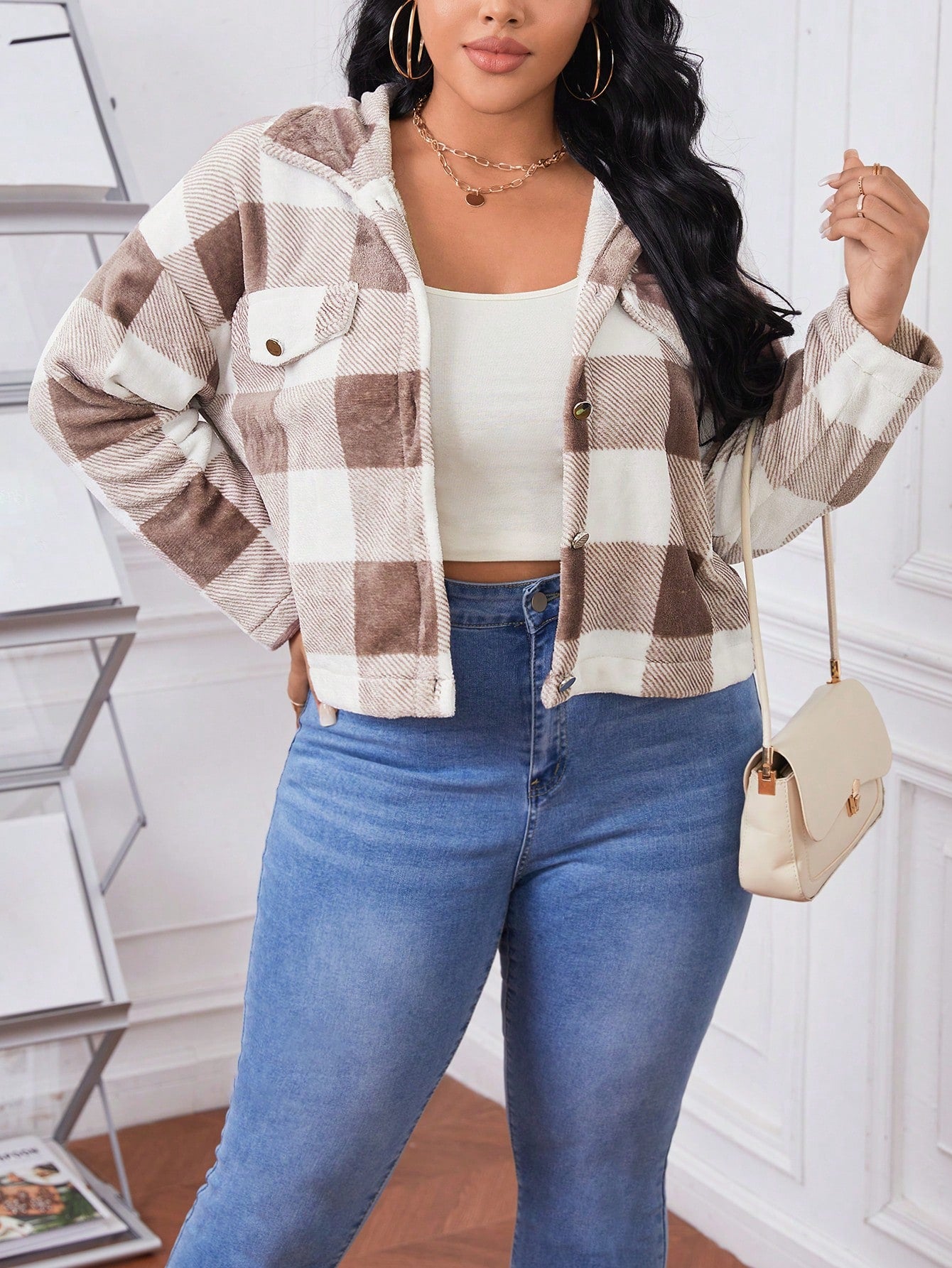 Essnce Plus Buffalo Plaid Print Drop Shoulder Hooded Flannel Jacket