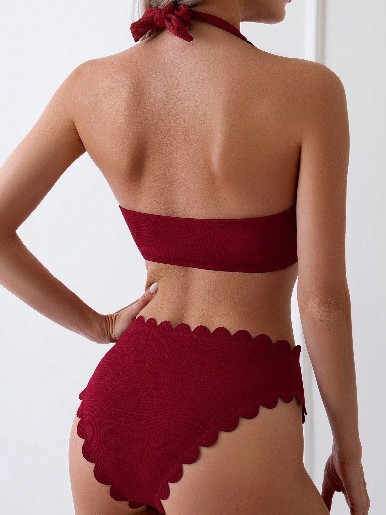 Swim Basics Solid Bikini Set Scallop Trim Halter Top & Bikini 2 Piece Swimsuit