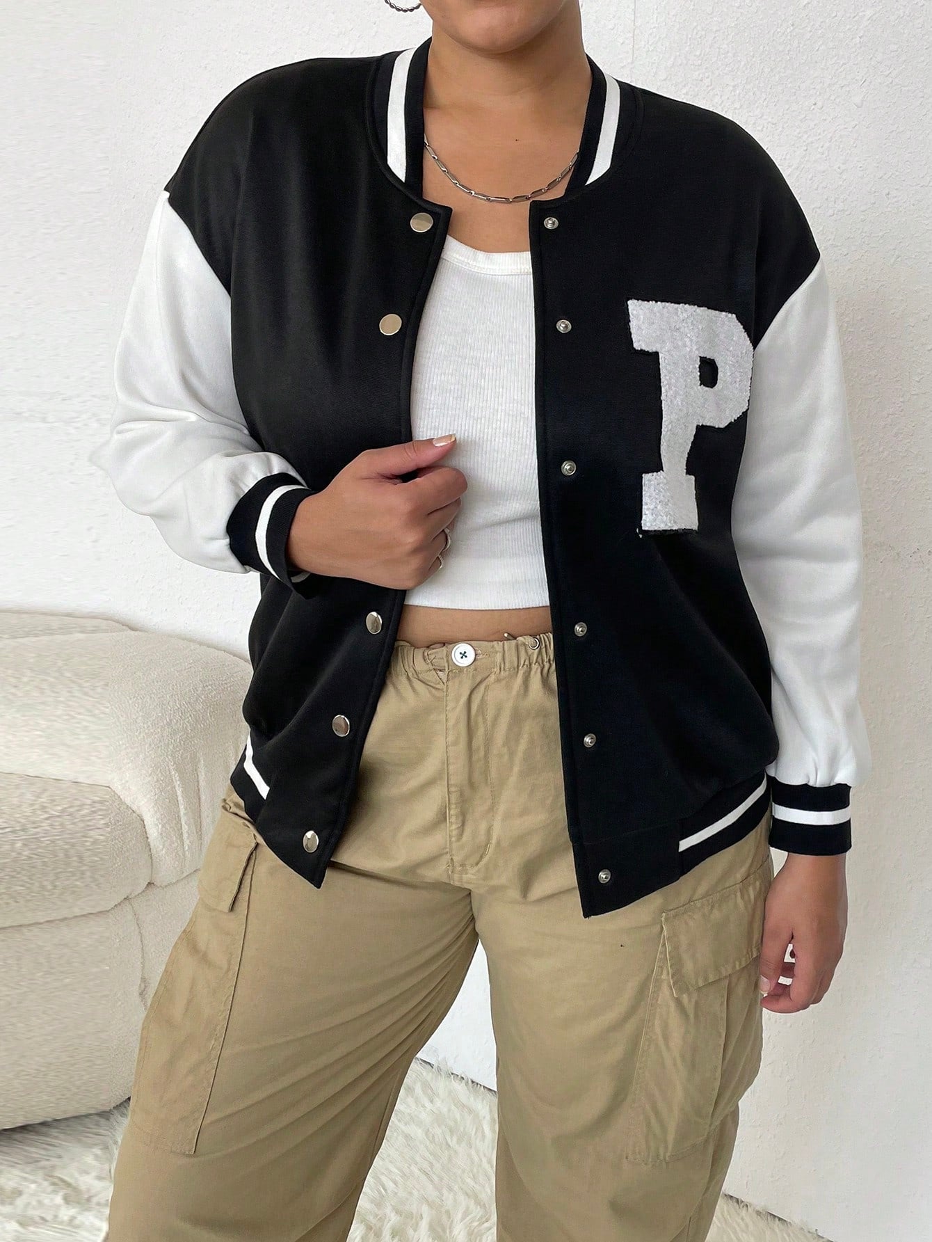 CURVE+ Plus Letter Patched Striped Trim Drop Shoulder Varsity Jacket