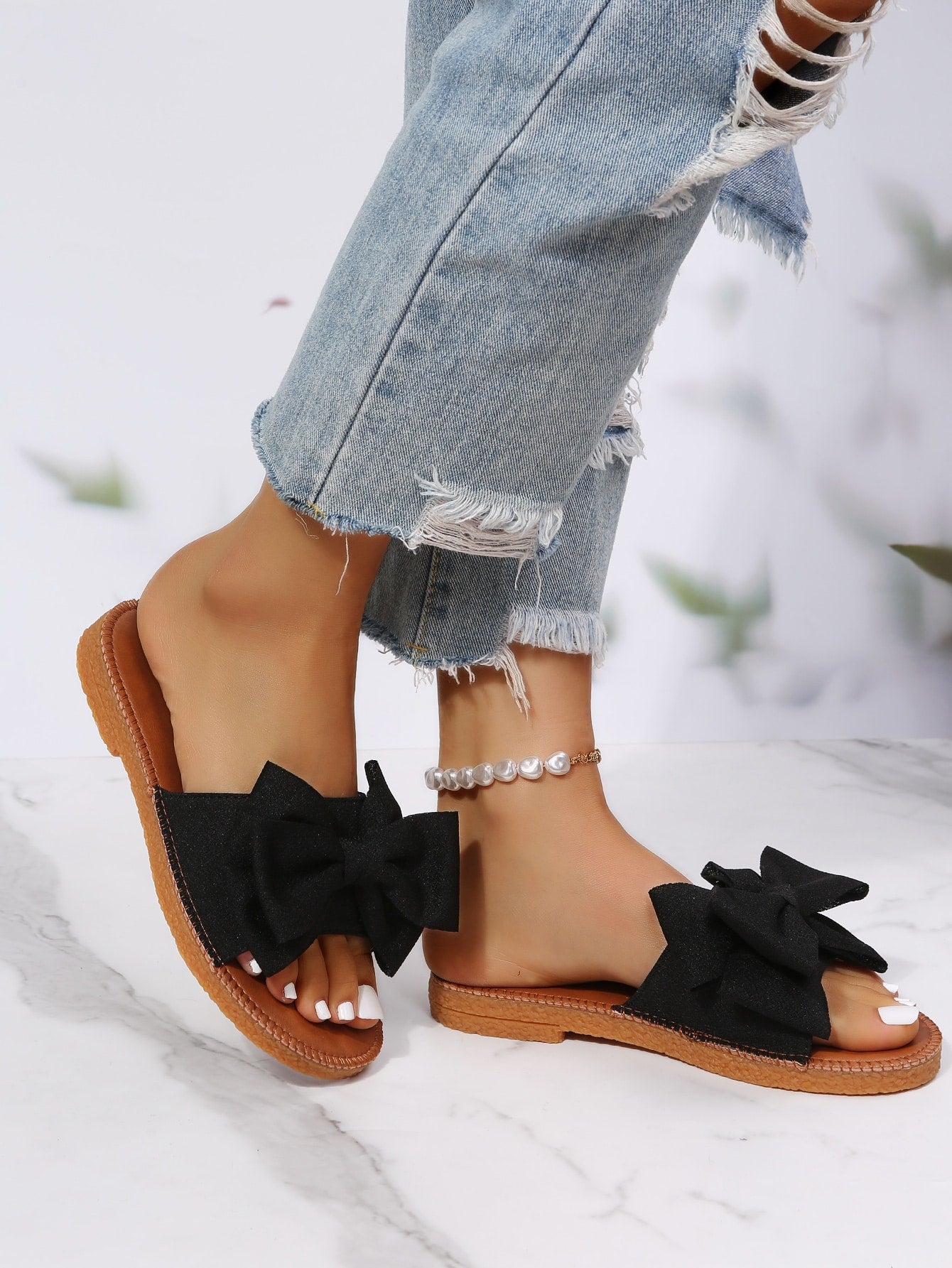 Preppy Slide Sandals For Women, Bow Decor Single Band Flat Sandals