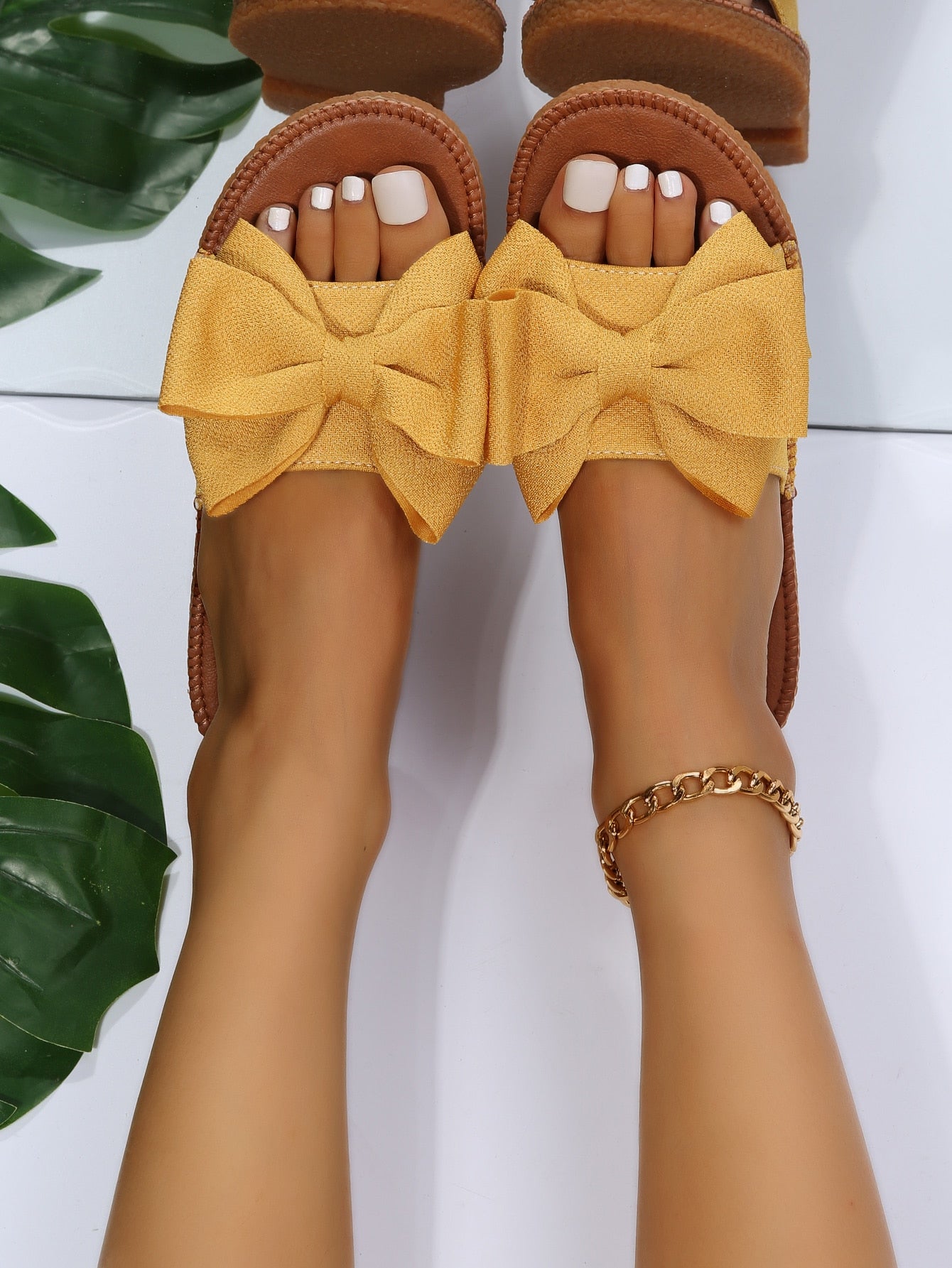 Preppy Slide Sandals For Women, Bow Decor Single Band Flat Sandals