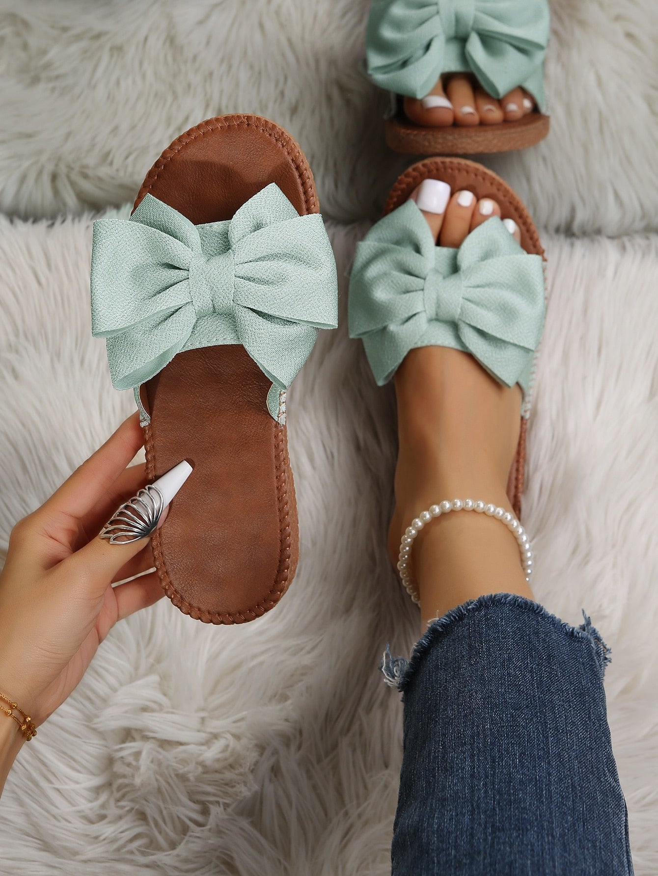 Preppy Slide Sandals For Women, Bow Decor Single Band Flat Sandals