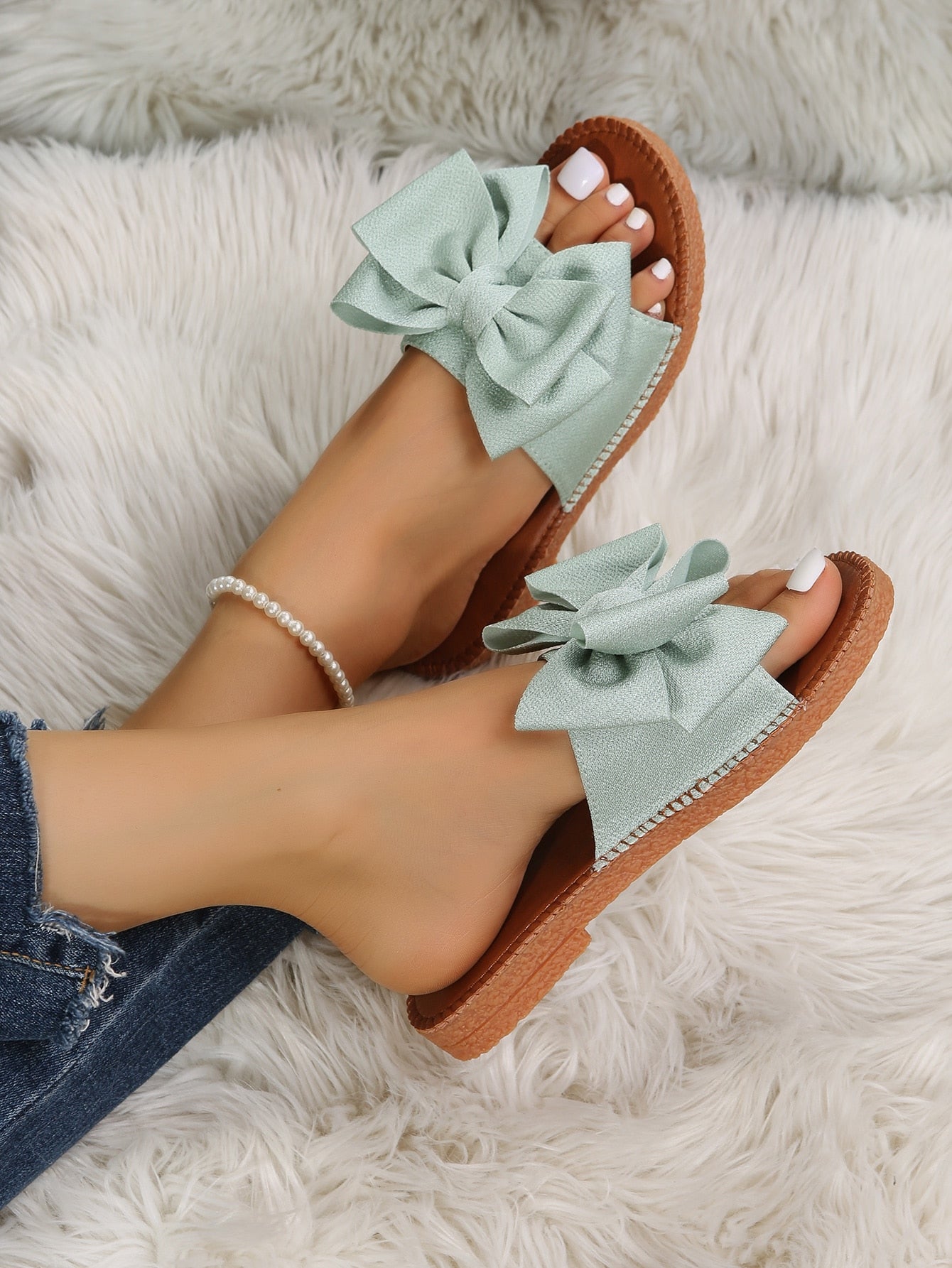 Preppy Slide Sandals For Women, Bow Decor Single Band Flat Sandals