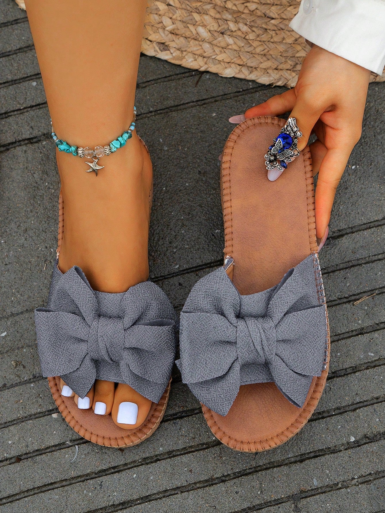 Preppy Slide Sandals For Women, Bow Decor Single Band Flat Sandals