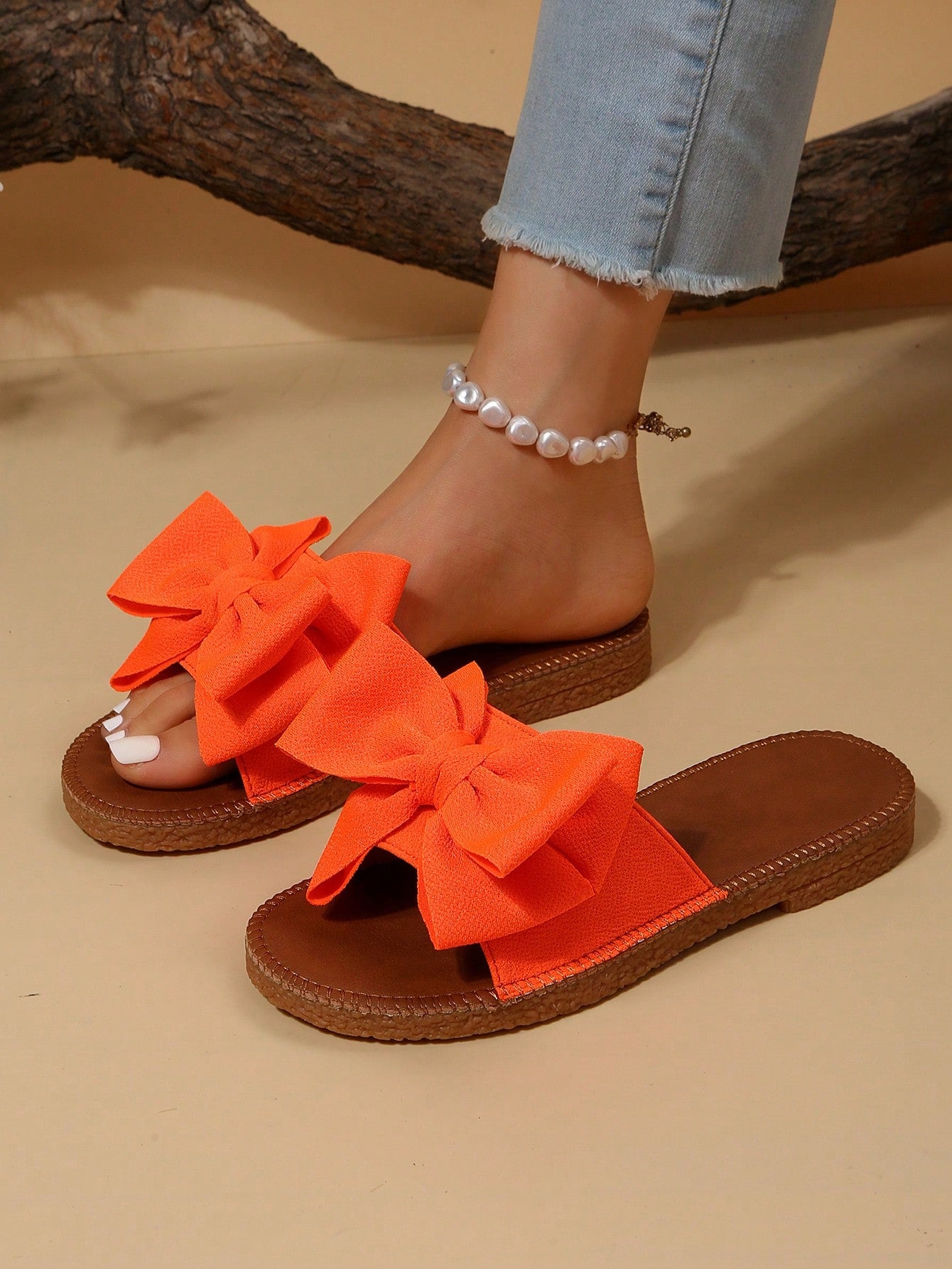 Preppy Slide Sandals For Women, Bow Decor Single Band Flat Sandals