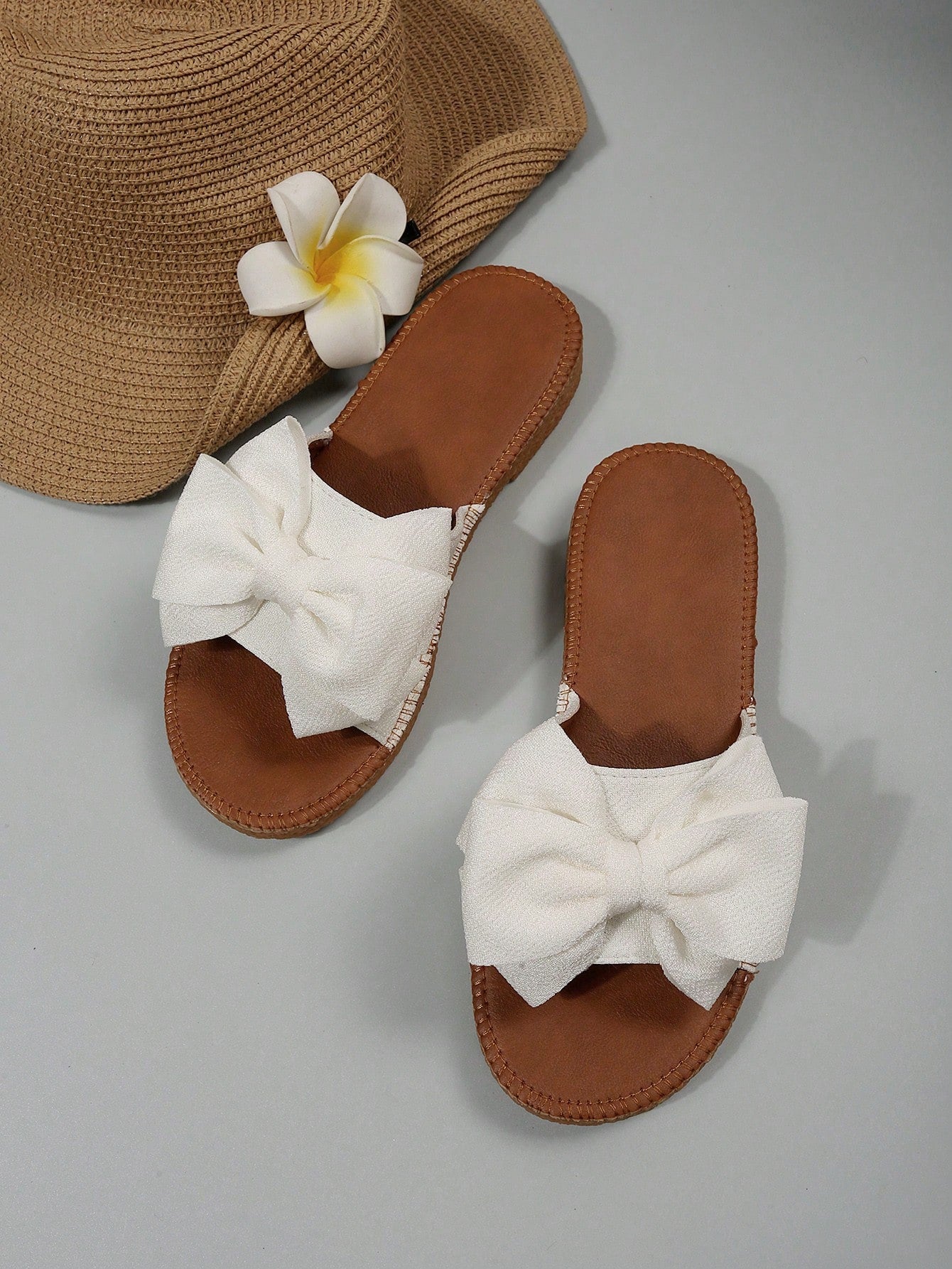 Preppy Slide Sandals For Women, Bow Decor Single Band Flat Sandals
