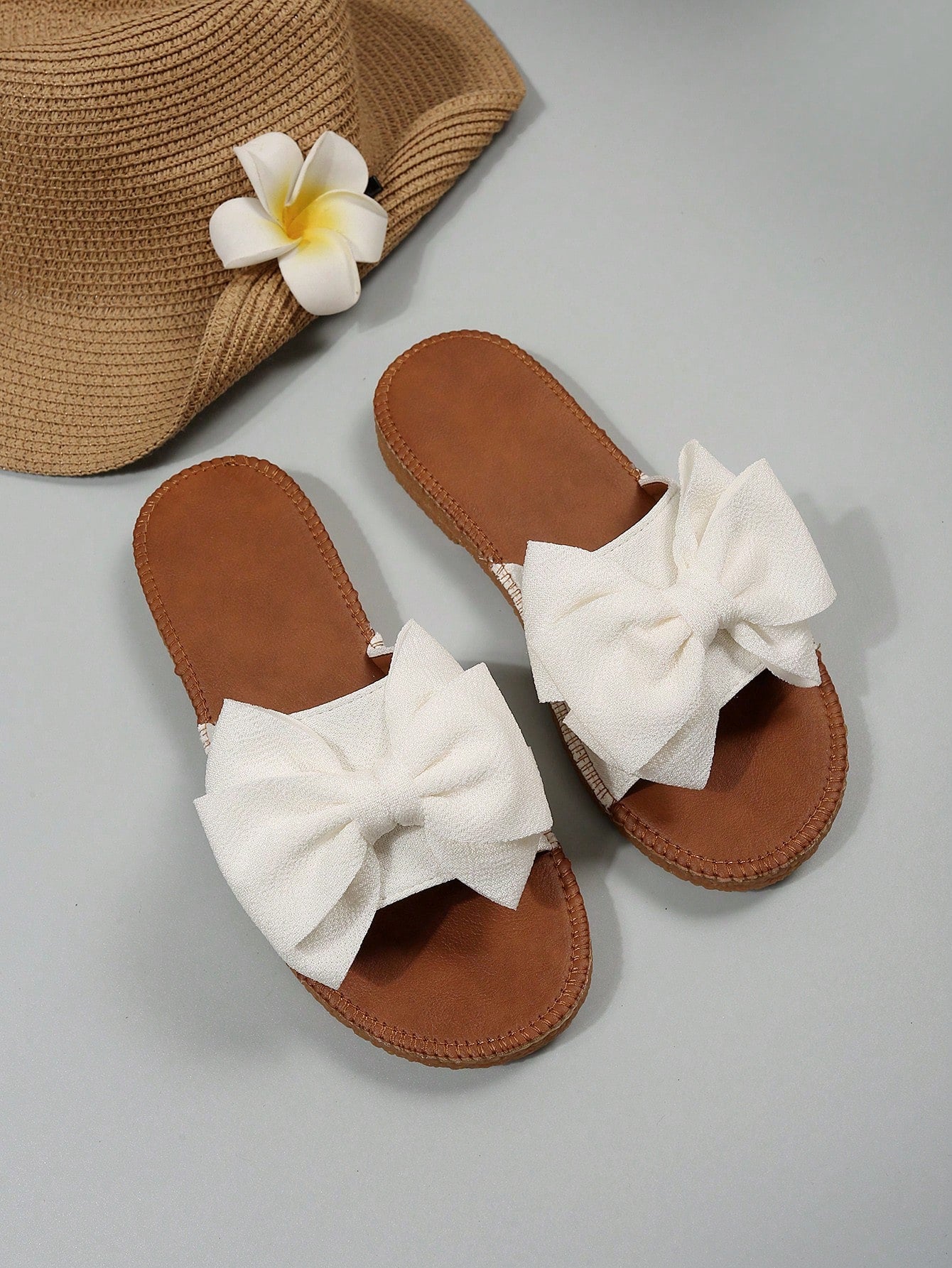Preppy Slide Sandals For Women, Bow Decor Single Band Flat Sandals
