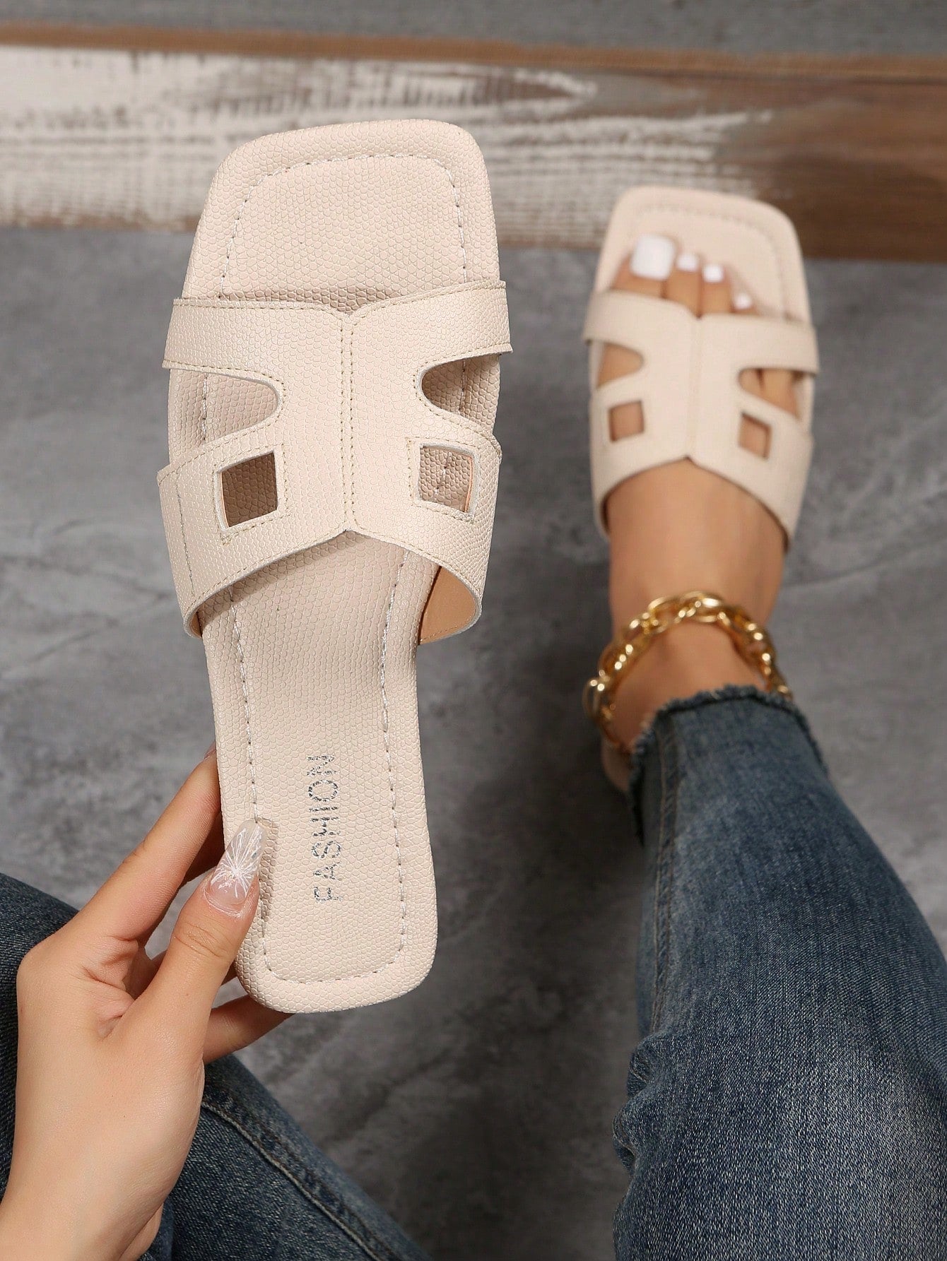 Elegant Beige Sandals For Women, Snakeskin Embossed Cut Out Design Open Toe Slide Sandals