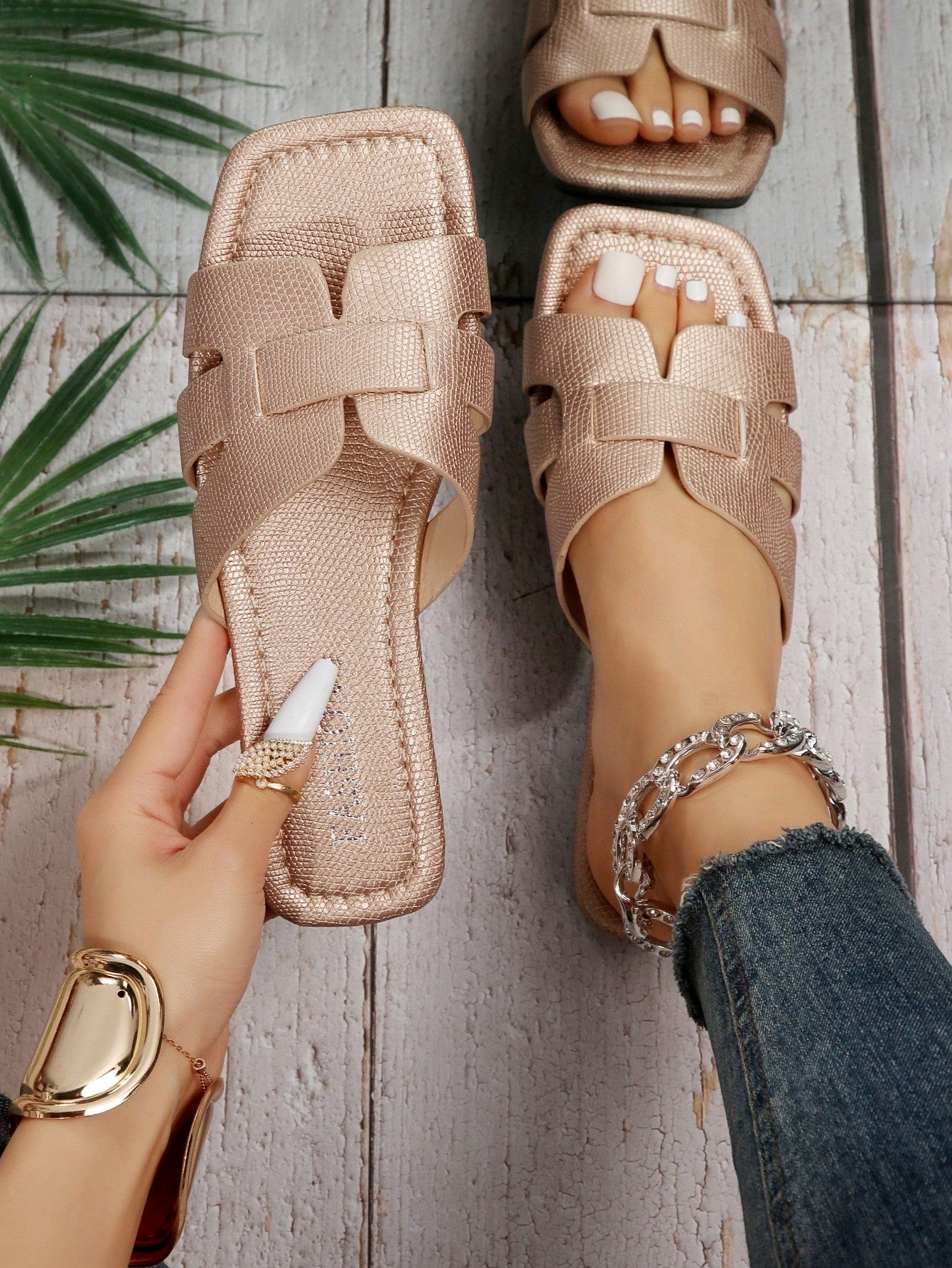 Elegant Beige Sandals For Women, Snakeskin Embossed Cut Out Design Open Toe Slide Sandals