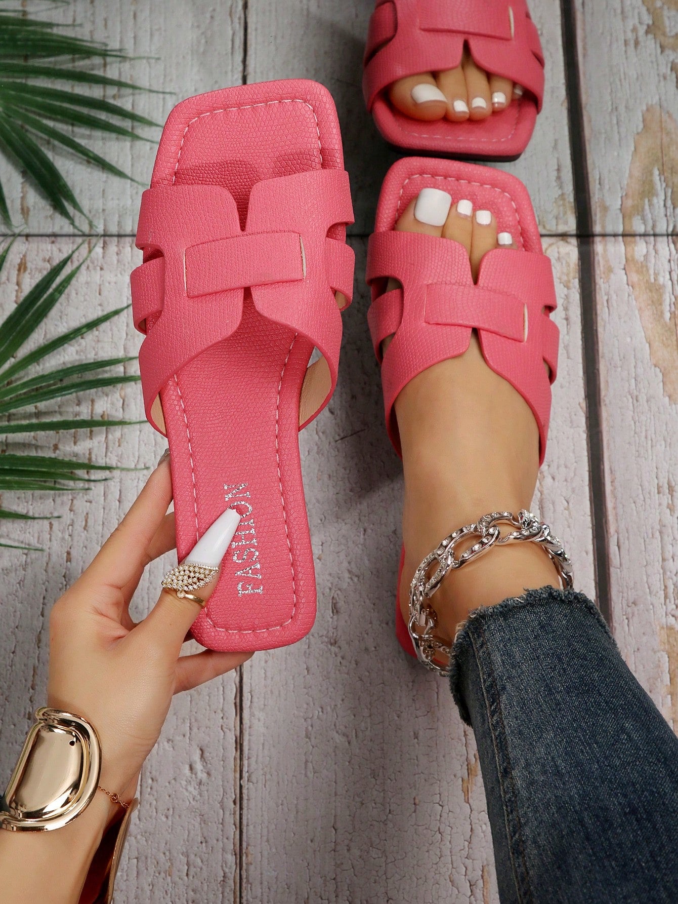 Elegant Beige Sandals For Women, Snakeskin Embossed Cut Out Design Open Toe Slide Sandals