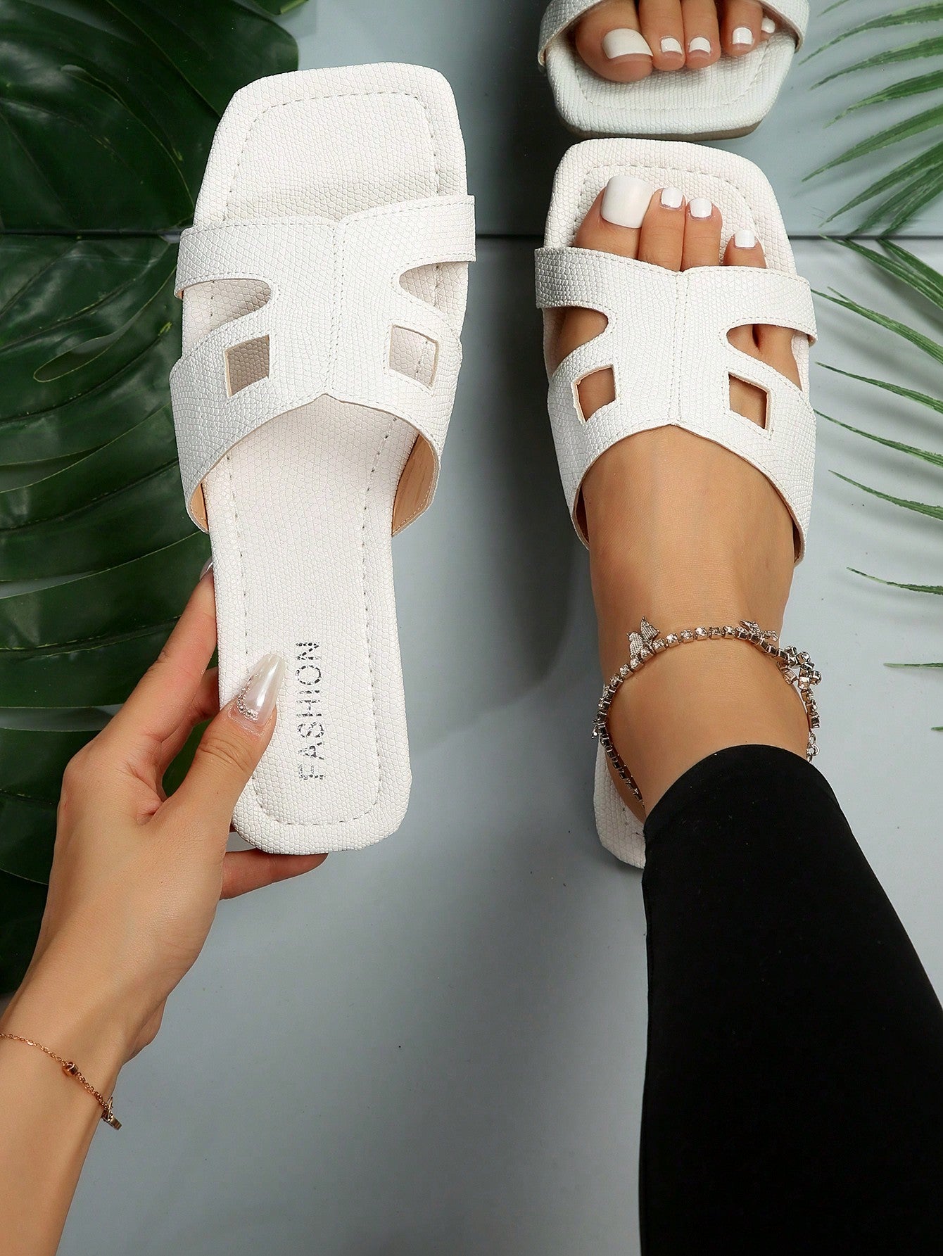 Elegant Beige Sandals For Women, Snakeskin Embossed Cut Out Design Open Toe Slide Sandals