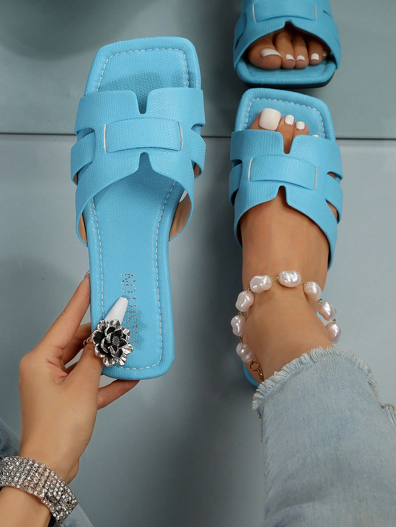 Elegant Beige Sandals For Women, Snakeskin Embossed Cut Out Design Open Toe Slide Sandals