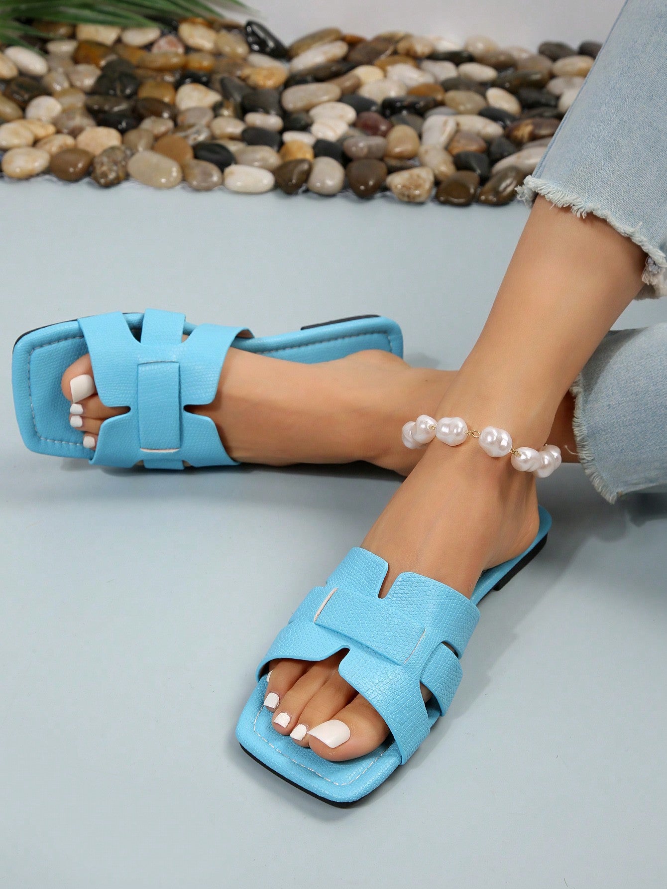 Elegant Beige Sandals For Women, Snakeskin Embossed Cut Out Design Open Toe Slide Sandals