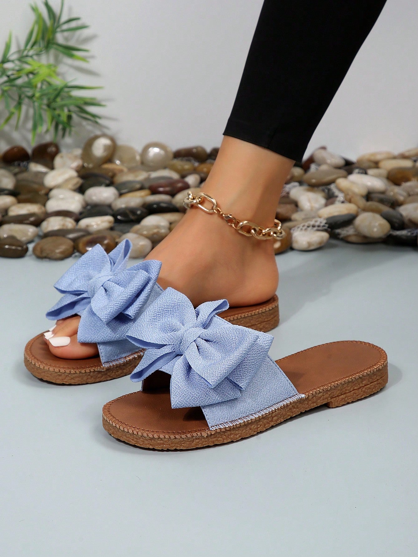 Preppy Slide Sandals For Women, Bow Decor Single Band Flat Sandals
