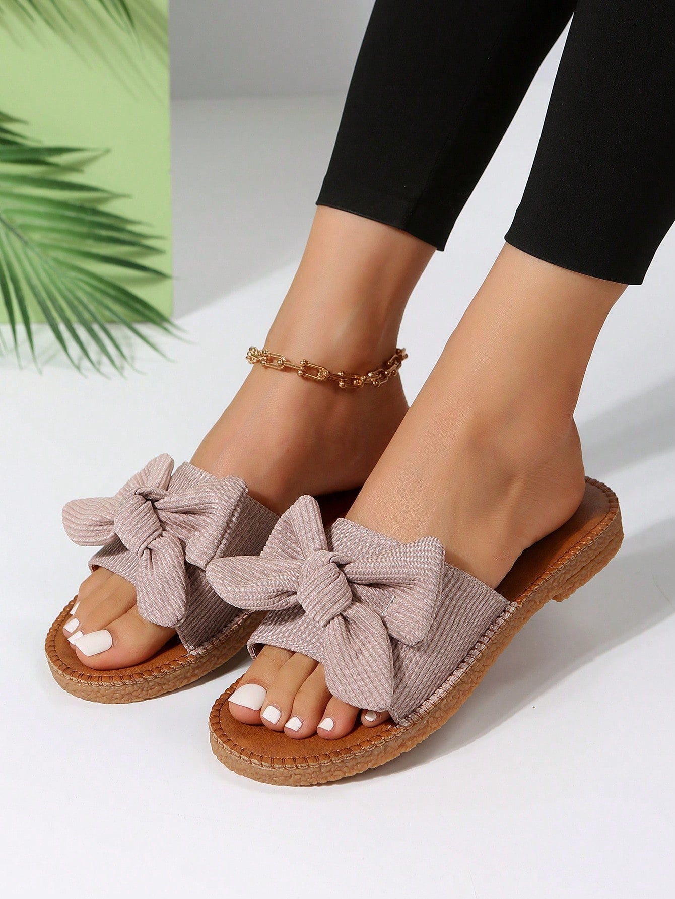 Preppy Slide Sandals For Women, Bow Decor Single Band Flat Sandals