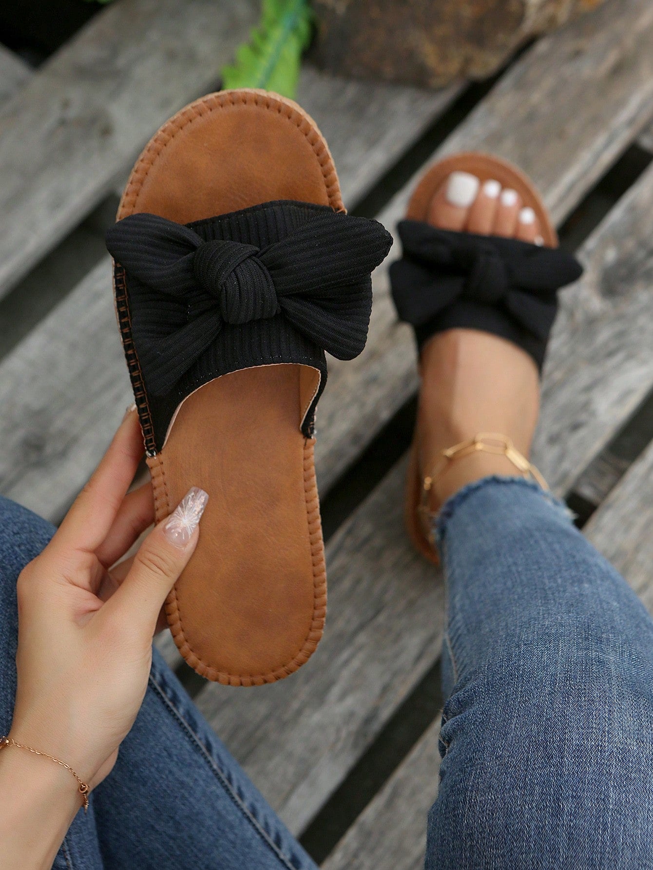 Preppy Slide Sandals For Women, Bow Decor Single Band Flat Sandals