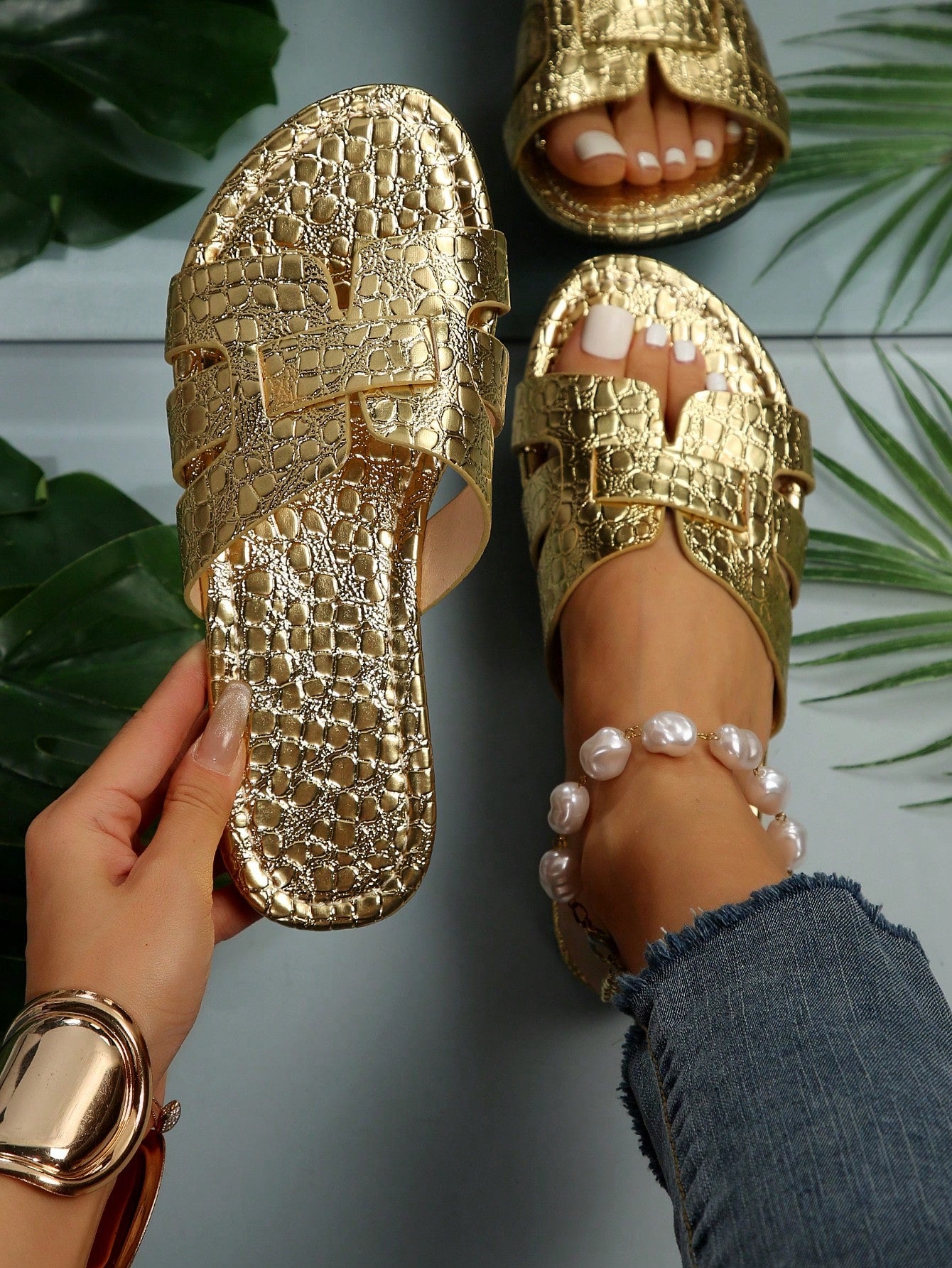 Elegant Beige Sandals For Women, Snakeskin Embossed Cut Out Design Open Toe Slide Sandals