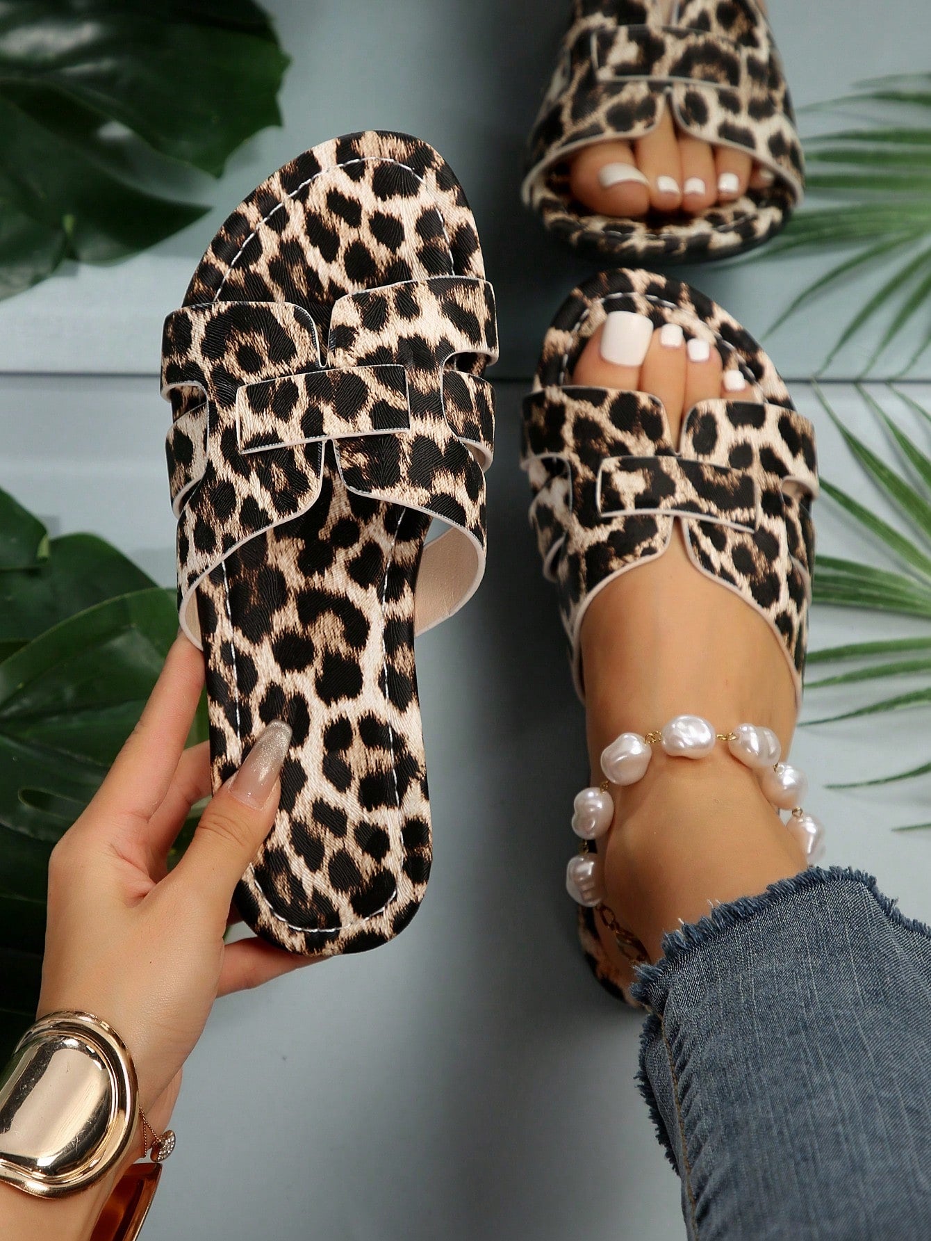 Elegant Beige Sandals For Women, Snakeskin Embossed Cut Out Design Open Toe Slide Sandals