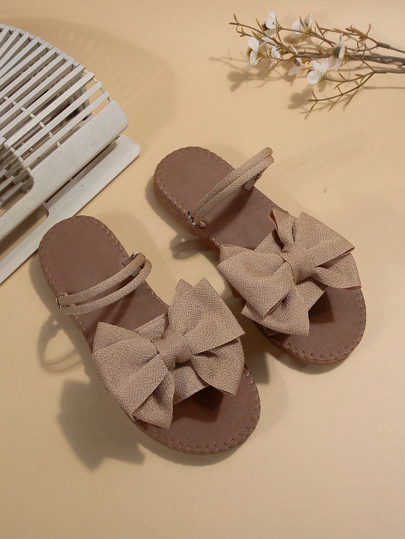 Preppy Slide Sandals For Women, Bow Decor Single Band Flat Sandals