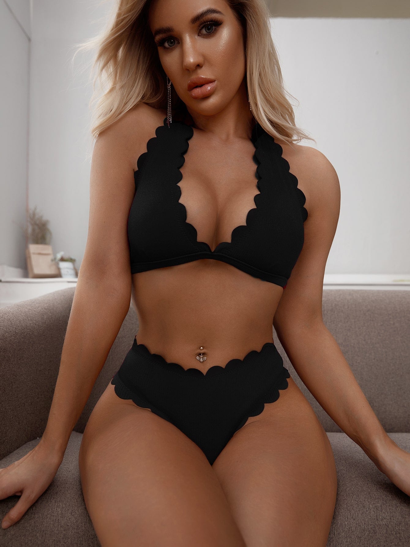 Swim Basics Solid Bikini Set Scallop Trim Halter Top & Bikini 2 Piece Swimsuit