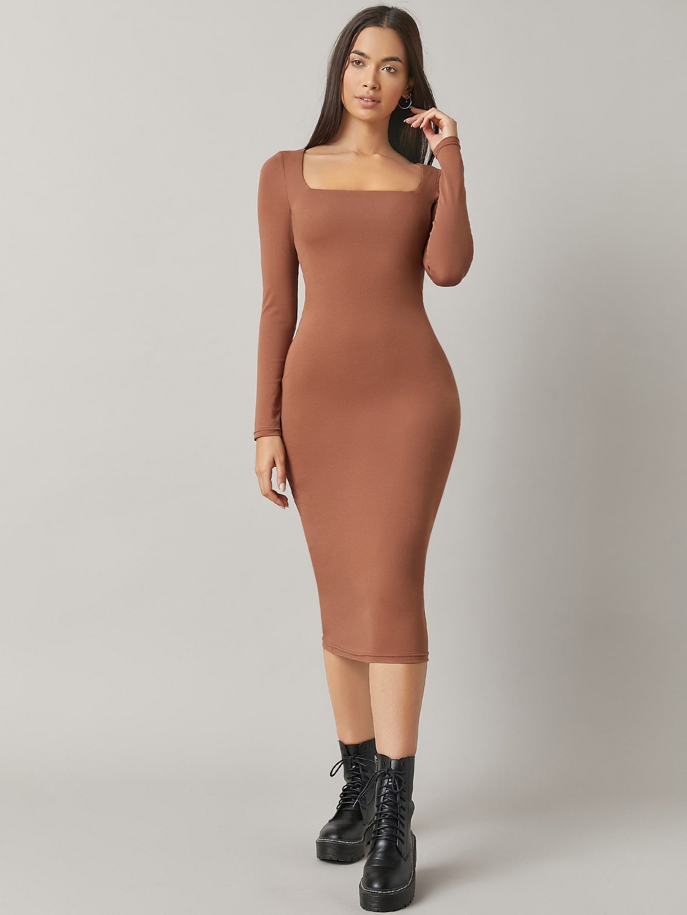 BASICS Square Neck Solid Bodycon Dress