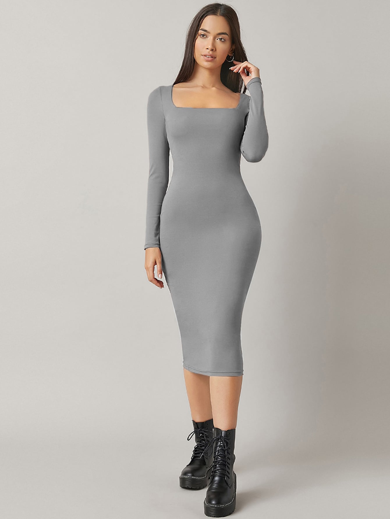 BASICS Square Neck Solid Bodycon Dress
