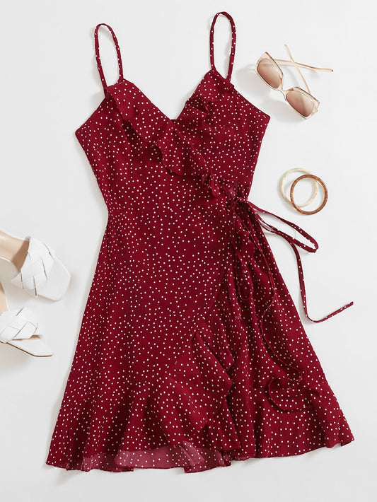 WYWH Polka Dot Knot Side Ruffle Trim Wrap Cami Dress