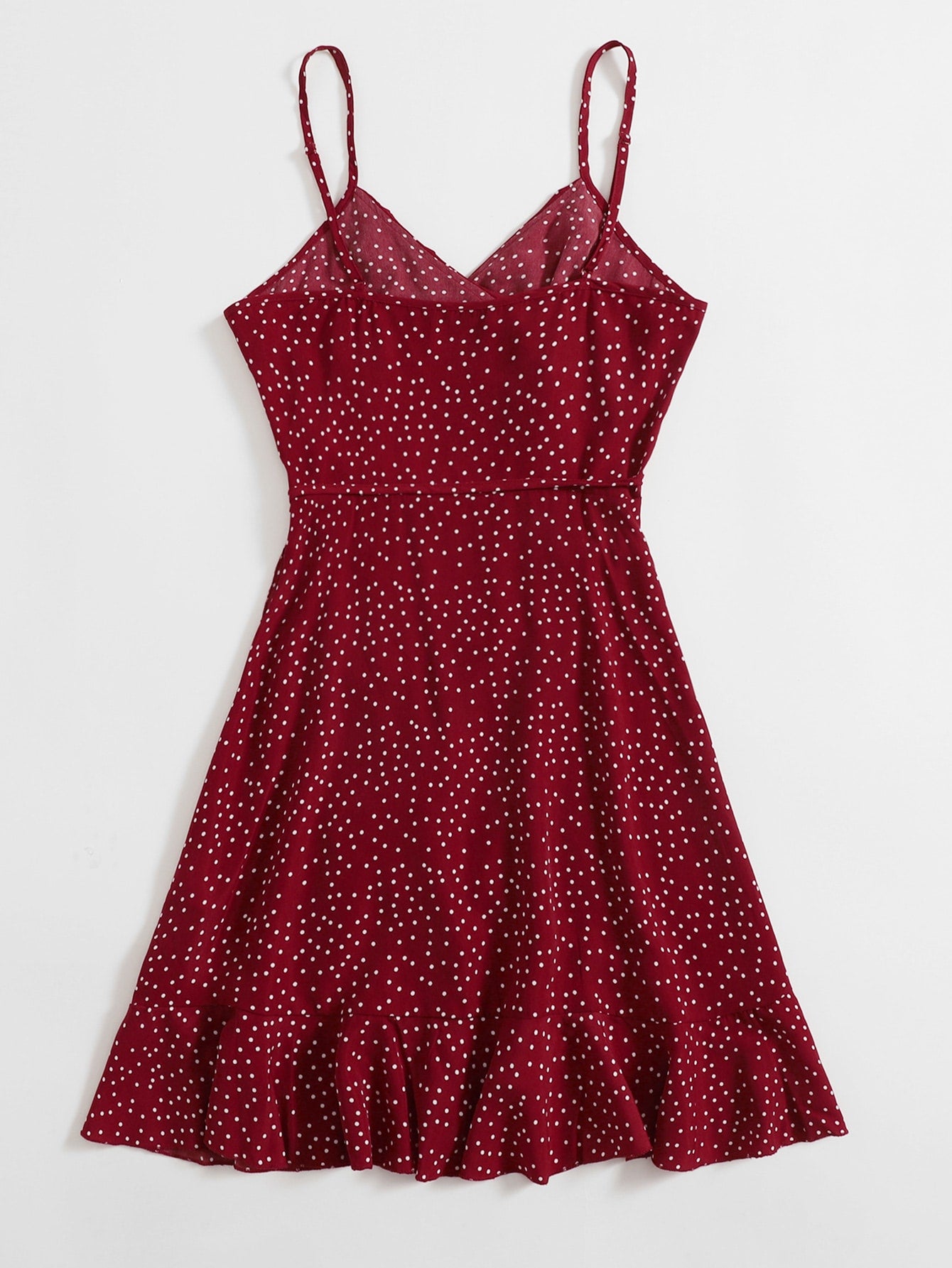 WYWH Polka Dot Knot Side Ruffle Trim Wrap Cami Dress