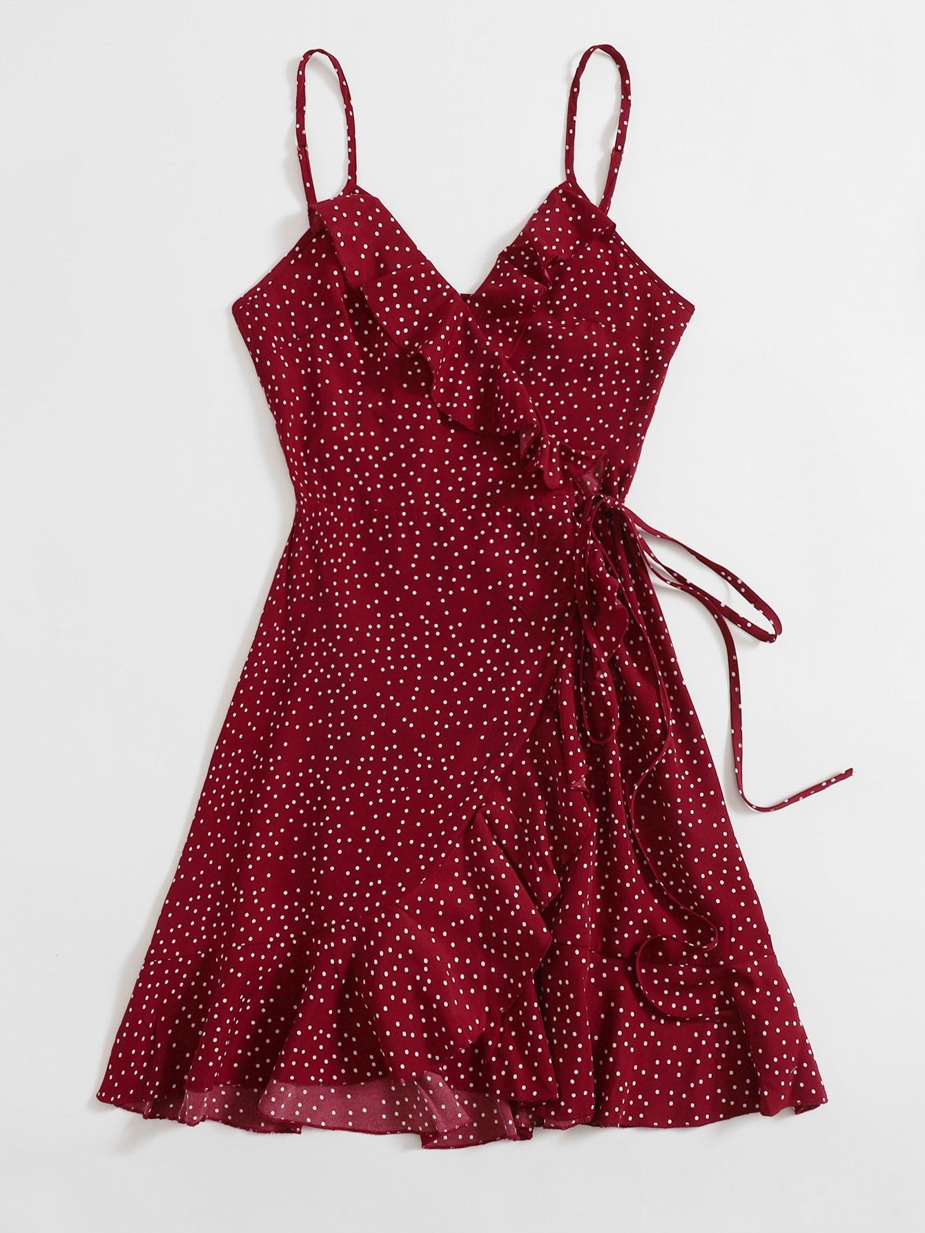 WYWH Polka Dot Knot Side Ruffle Trim Wrap Cami Dress
