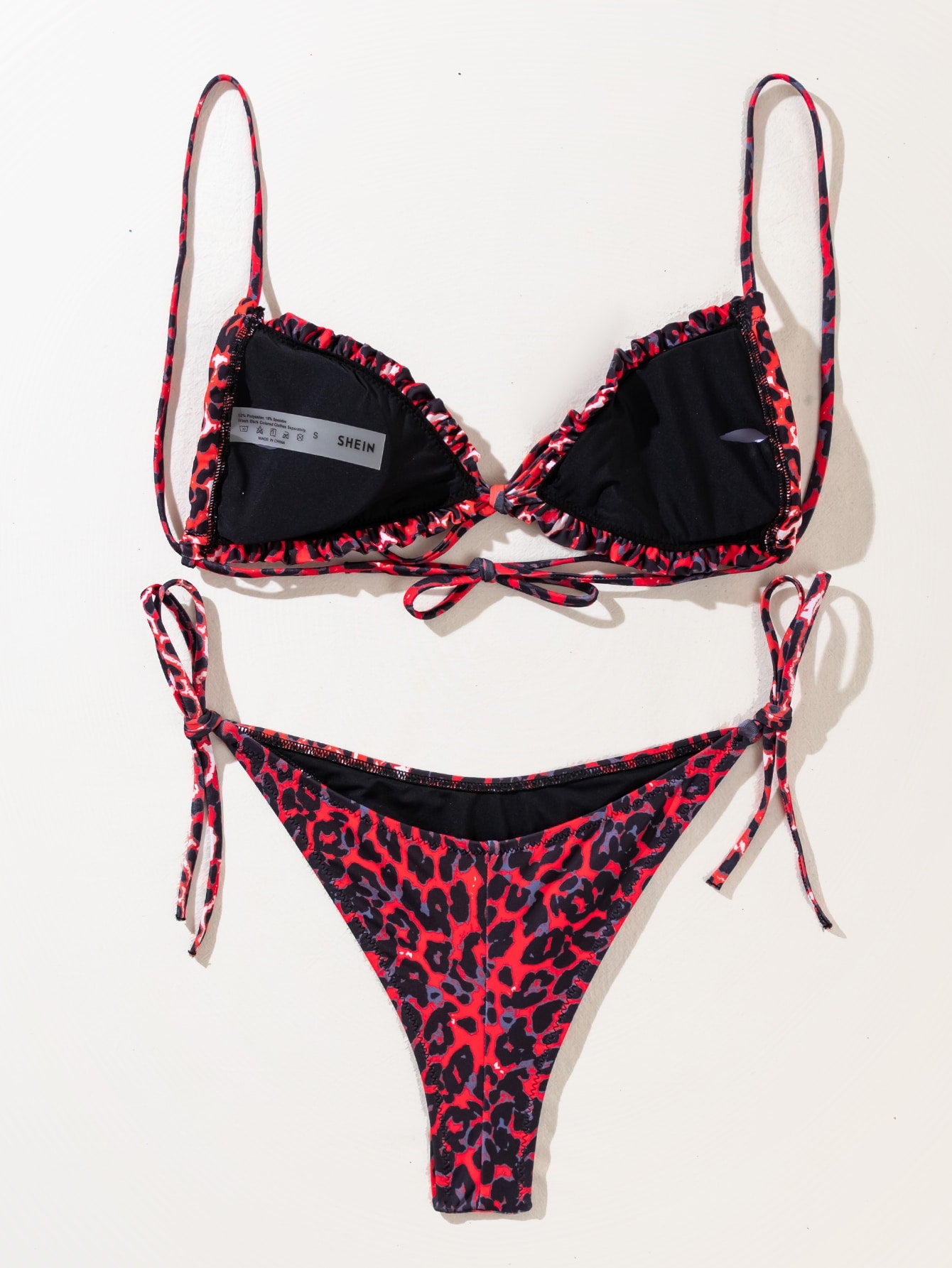 Swim Vcay Leopard Print Bikini Set Frill Trim Triangle Bra & Tie Side Bottom 2 Piece Swimsuit