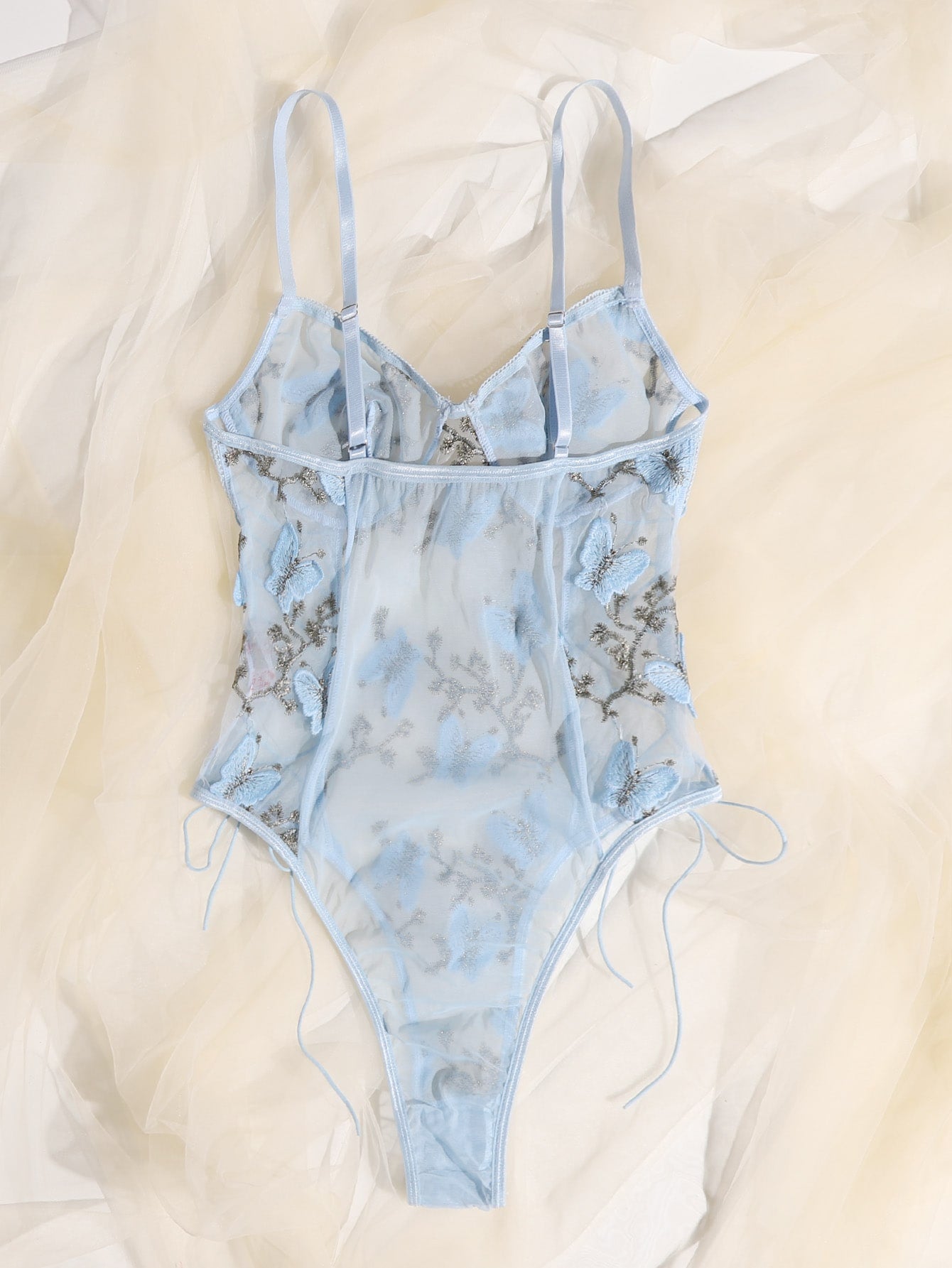 Embroidered Mesh Lace-up Teddy Bodysuit