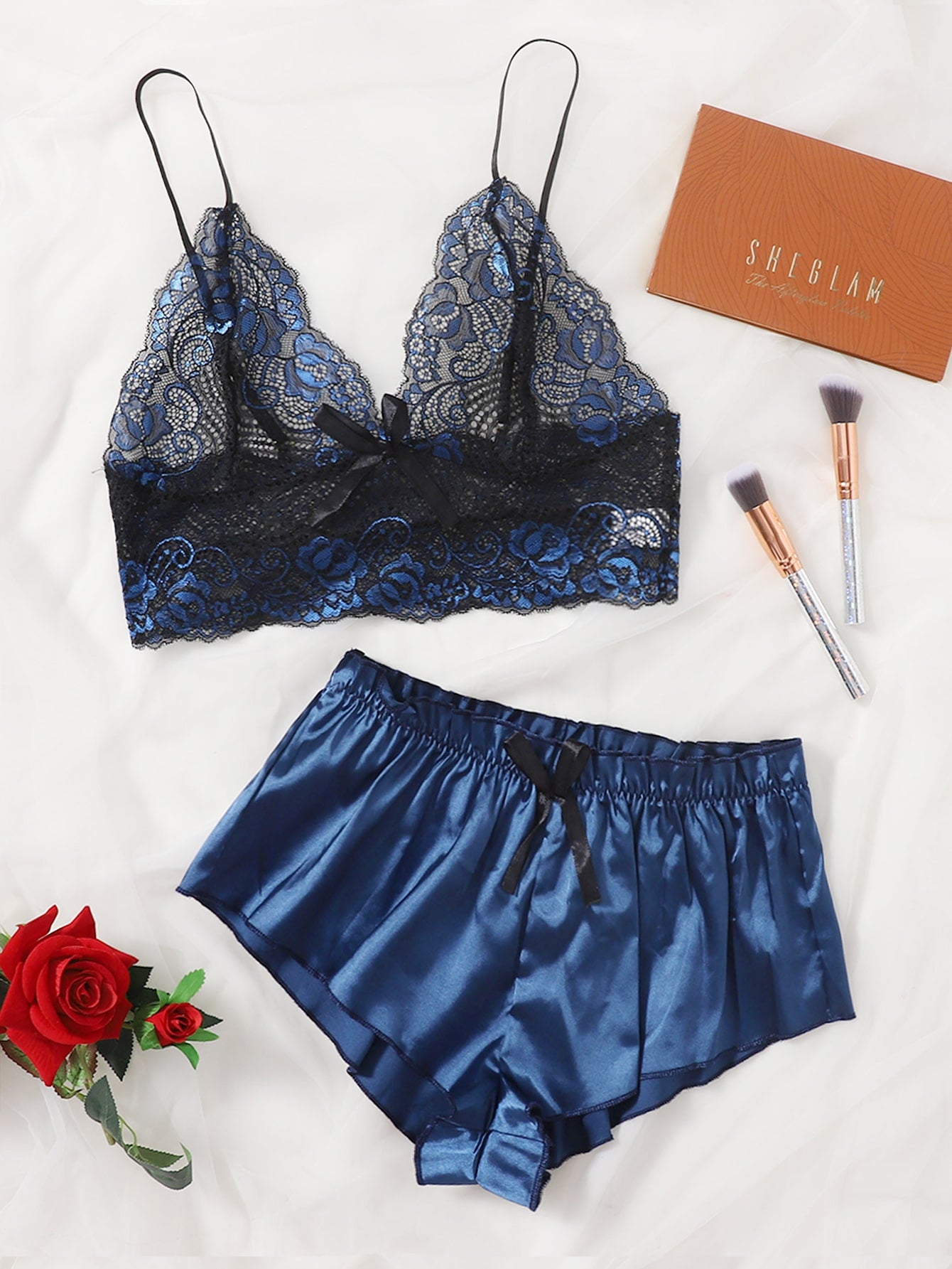 Floral Lace Bralette With Satin Shorts