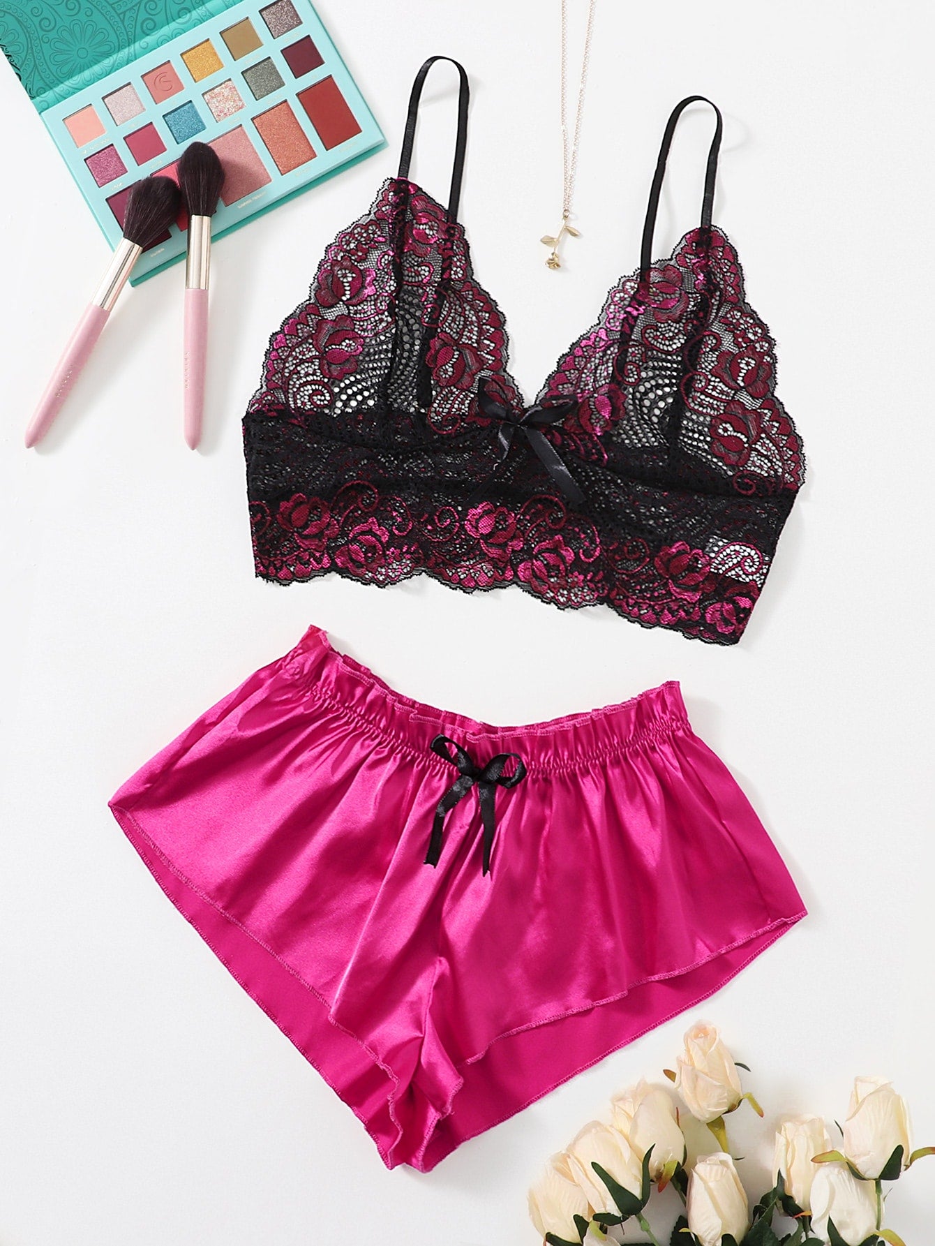Floral Lace Bralette With Satin Shorts