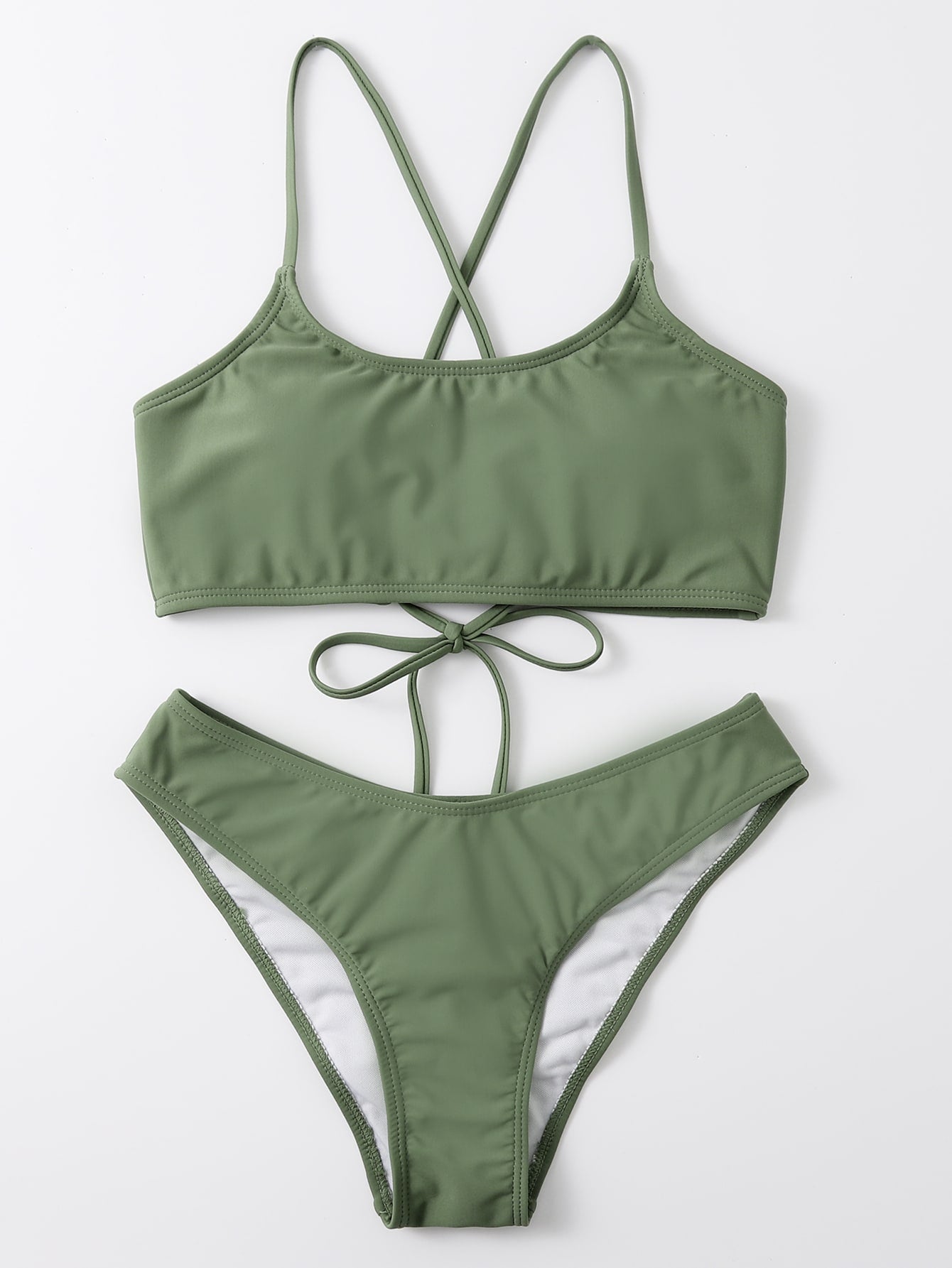 Swim Basics Mono Bikini Set Lace Up Backless Wireless Bra Top & Scrunch Butt Cheeky Bikini Bottom 2 Piece Bathing Suit