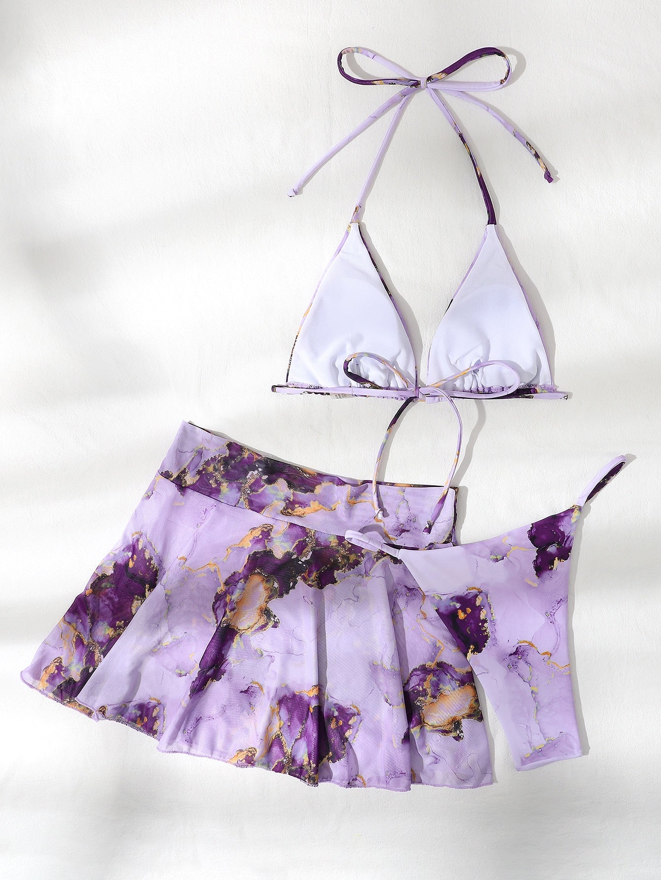Swim Vcay Marble Print Bikini Set Halter Micro Triangle Bra Top & Thong & Cover Up Skirt 3 Piece Bathing Suit