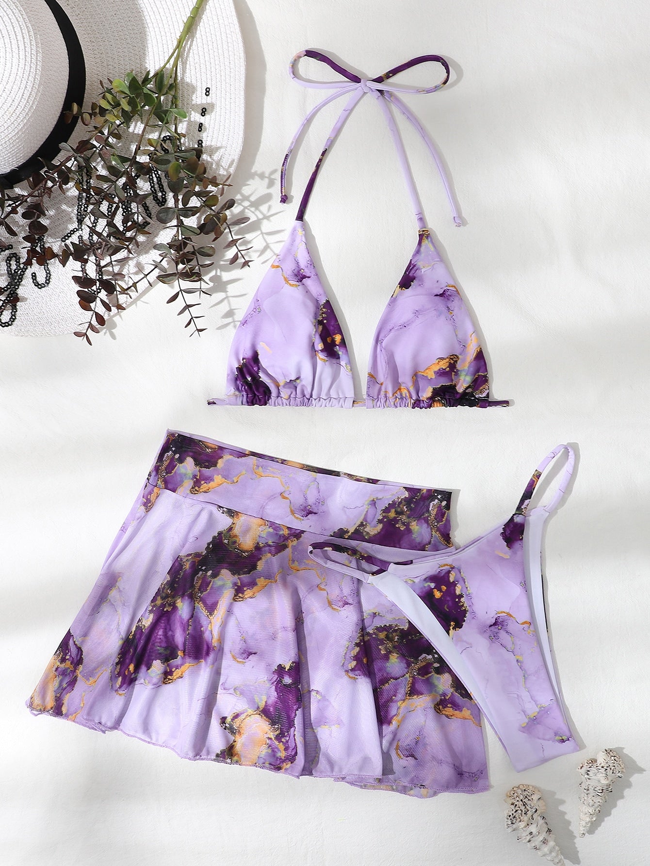 Swim Vcay Marble Print Bikini Set Halter Micro Triangle Bra Top & Thong & Cover Up Skirt 3 Piece Bathing Suit