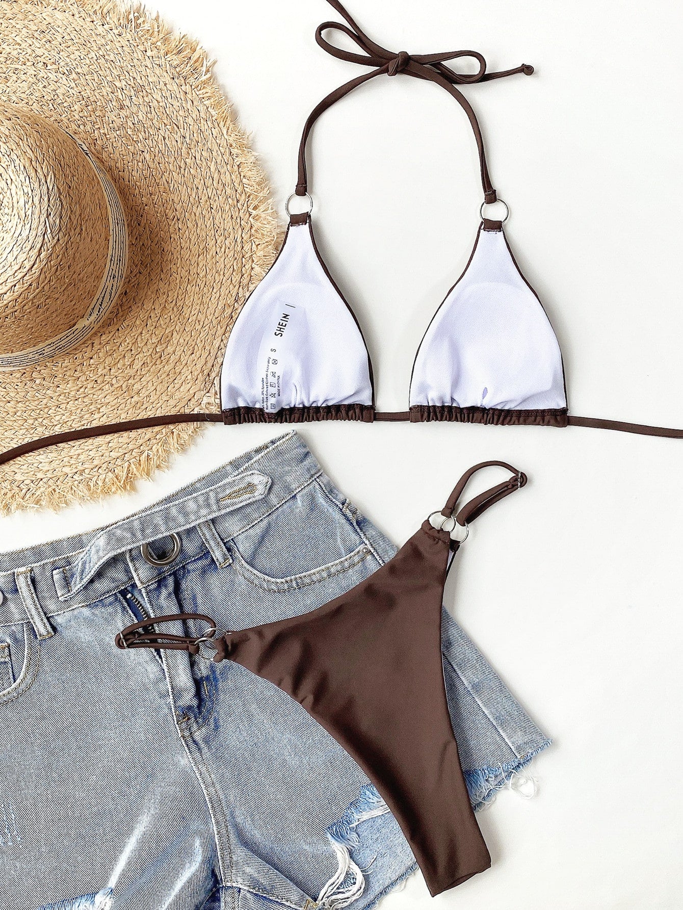 Swim Basics Ring Linked Triangle Thong Bikini Swimsuit