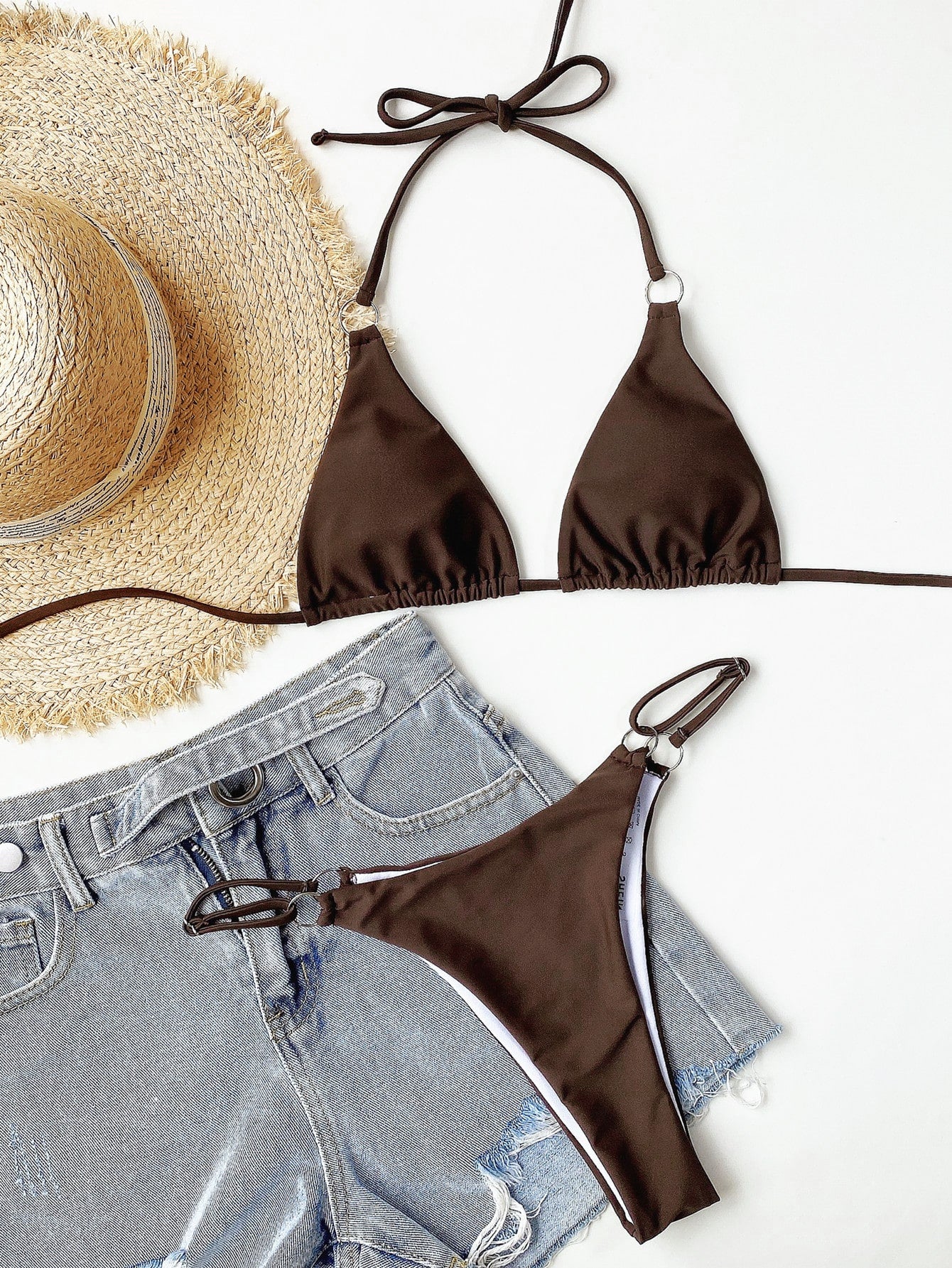 Swim Basics Ring Linked Triangle Thong Bikini Swimsuit