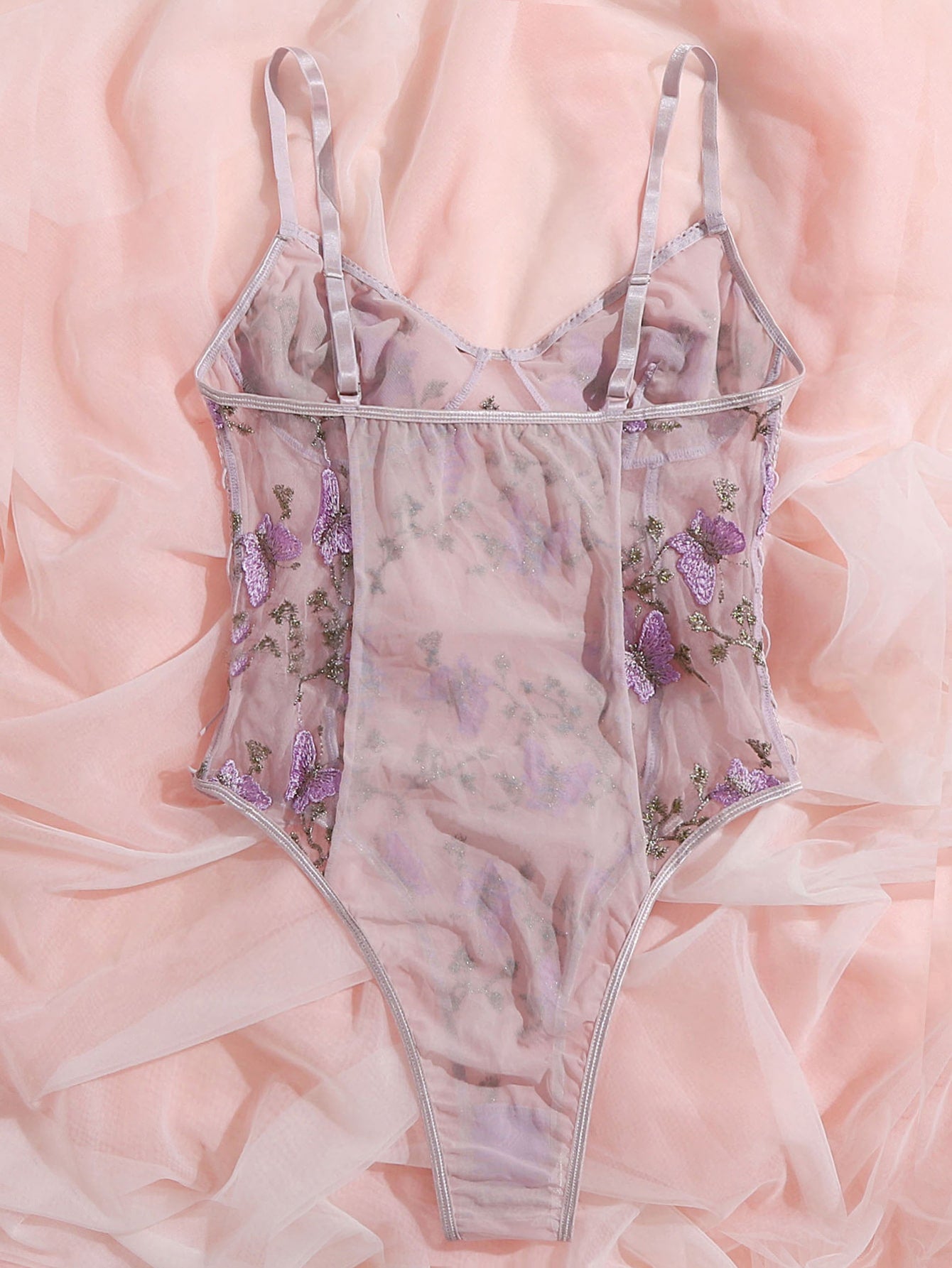 Embroidered Mesh Lace-up Teddy Bodysuit