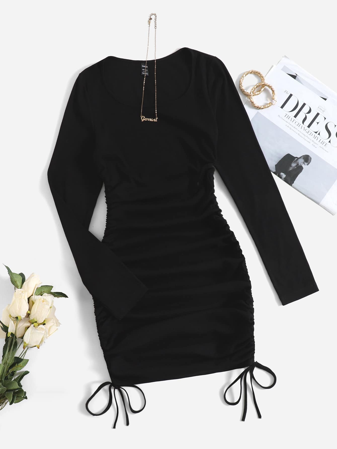 EZwear Scoop Neck Drawstring Side Bodycon Dress