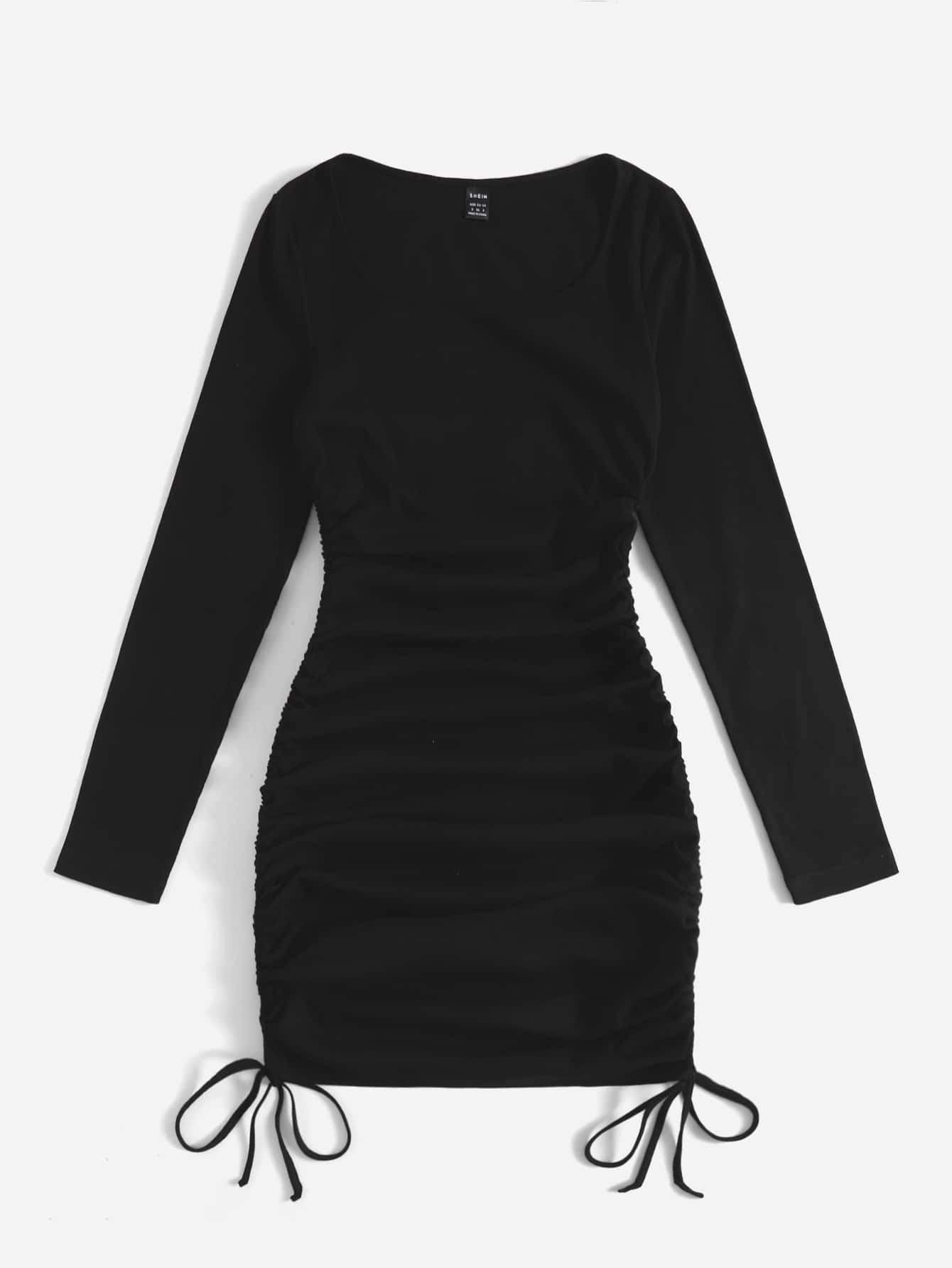 EZwear Scoop Neck Drawstring Side Bodycon Dress